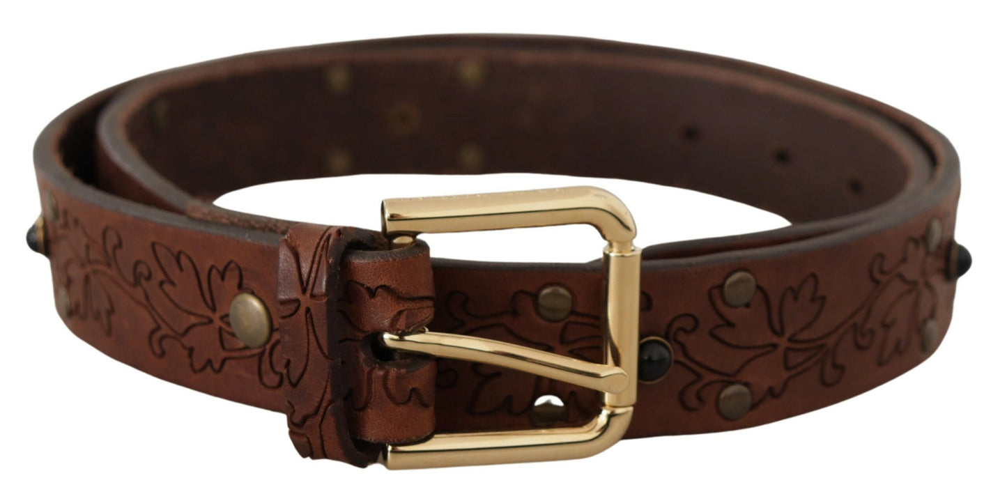 Ceinture Dolce & Gabbana en cuir marron avec boucle en métal cloutée et florale