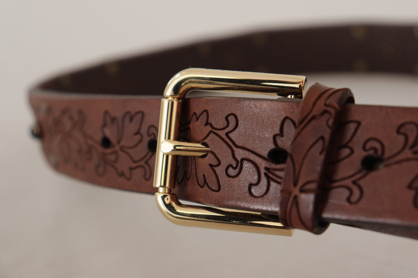 Ceinture Dolce & Gabbana en cuir marron avec boucle en métal cloutée et florale