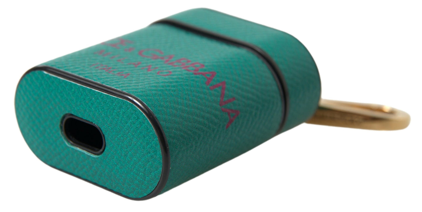 Étui pour Airpods Dolce & Gabbana en cuir de veau vert marron avec logo imprimé