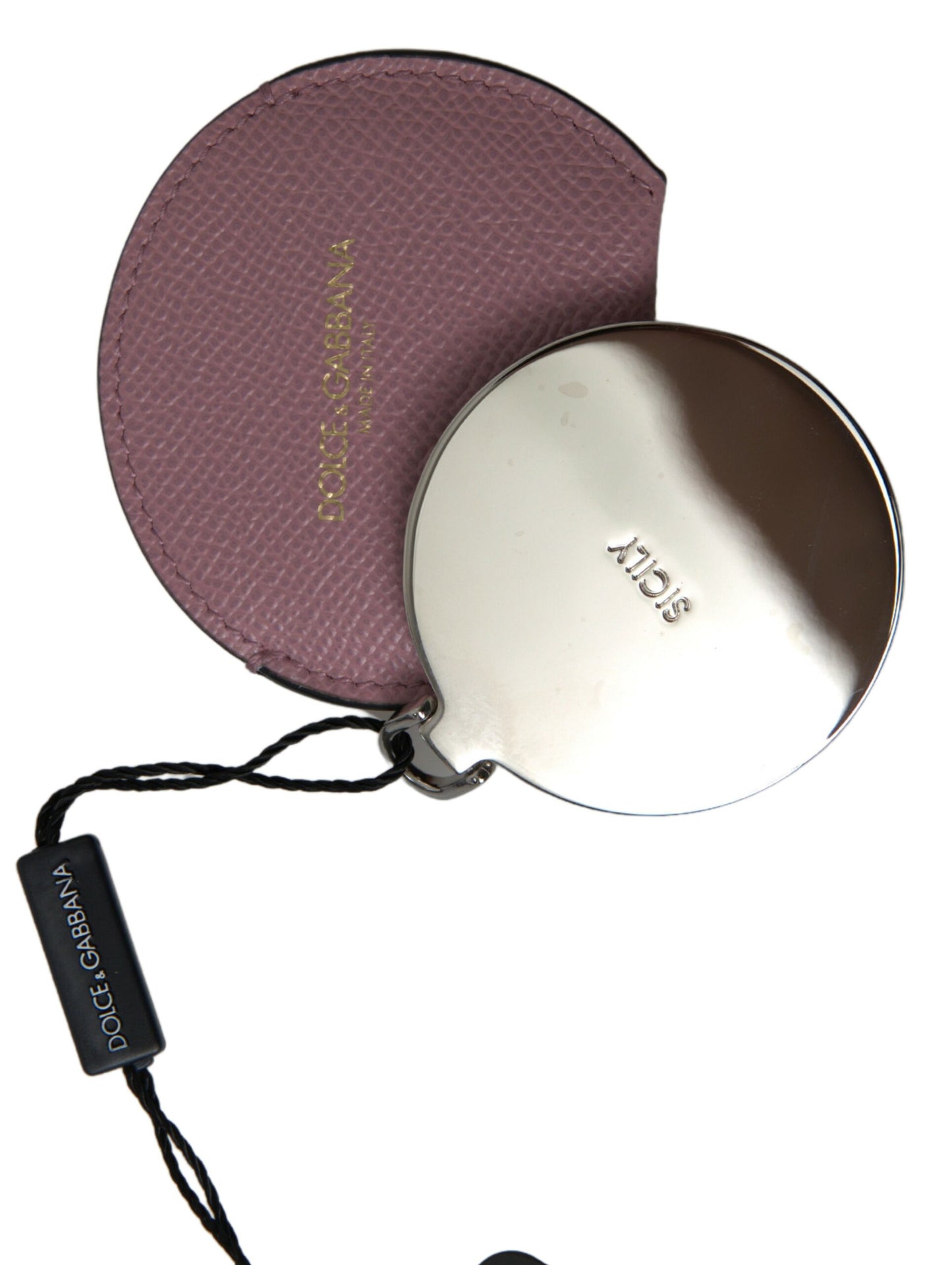 Miroir à main rond en cuir de veau rose Dolce & Gabbana avec logo imprimé