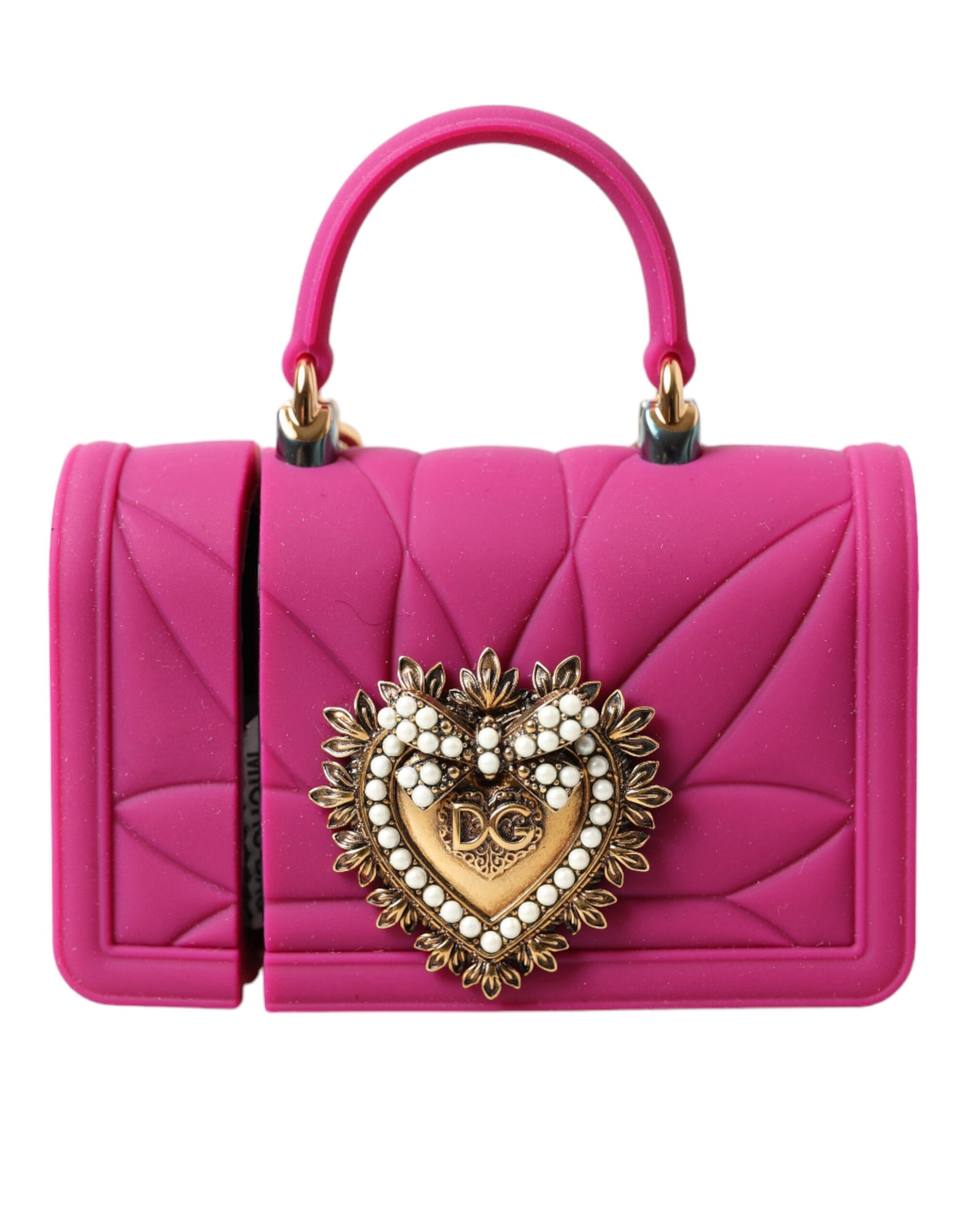 Étui pour Airpods Dolce & Gabbana en silicone rose avec chaîne dorée et sac cœur Devotion