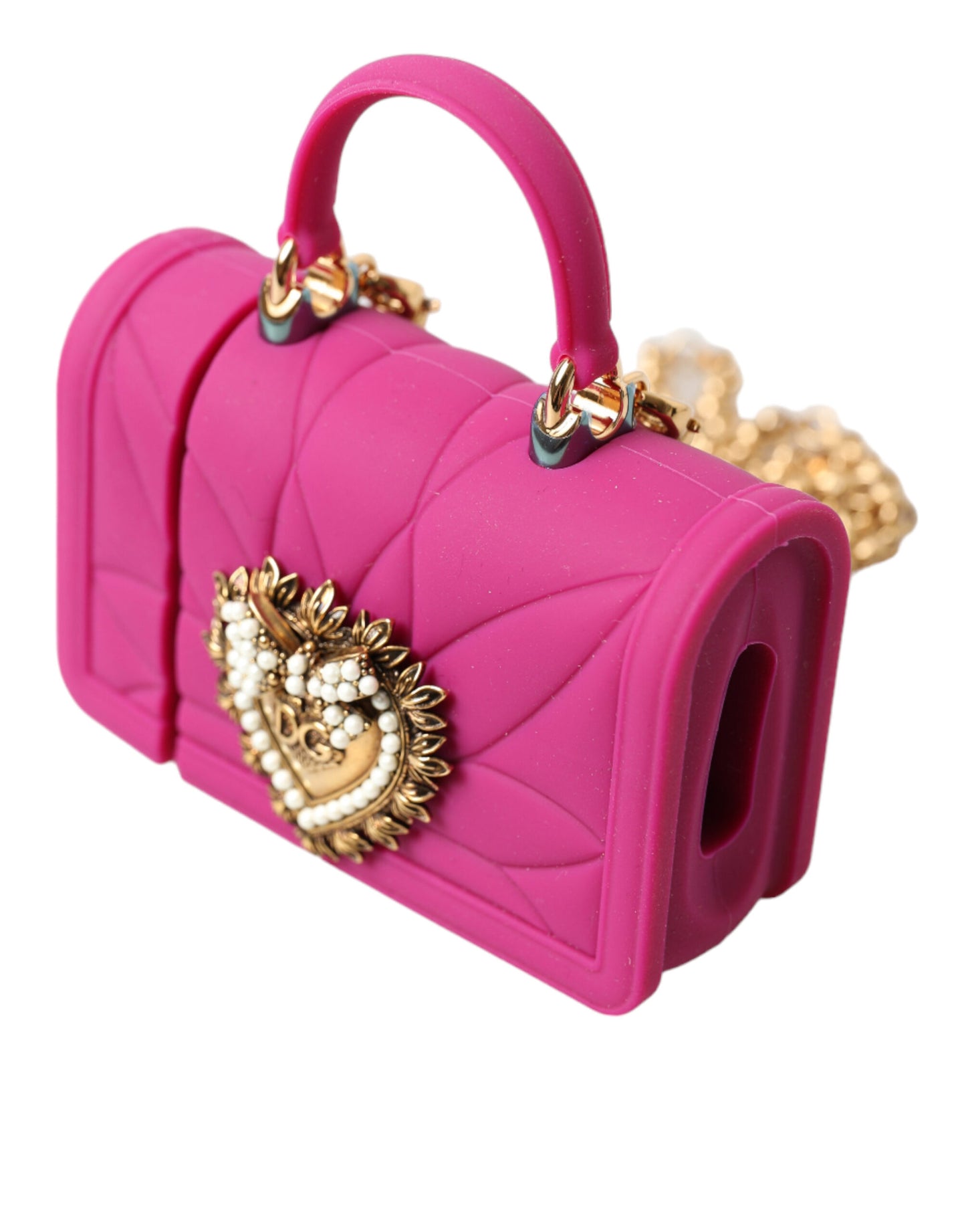 Étui pour Airpods Dolce & Gabbana en silicone rose avec chaîne dorée et sac cœur Devotion