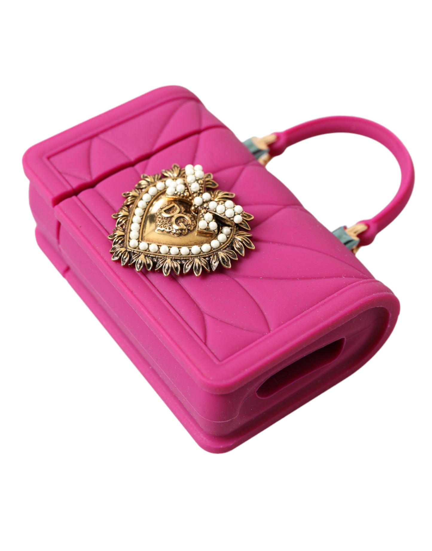 Étui pour Airpods Dolce & Gabbana en silicone rose avec chaîne dorée et sac cœur Devotion
