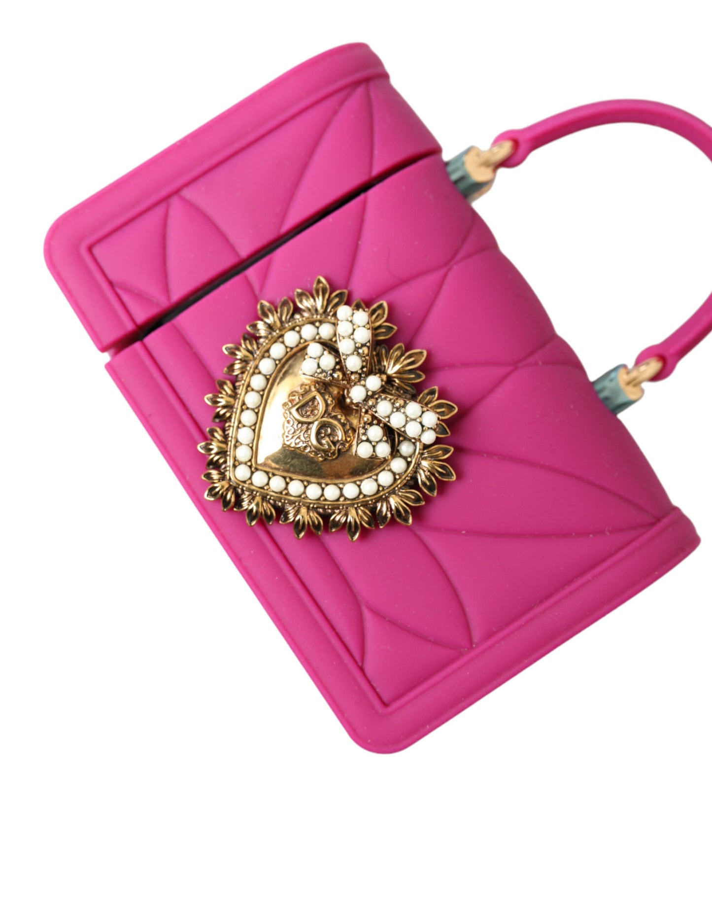 Étui pour Airpods Dolce & Gabbana en silicone rose avec chaîne dorée et sac cœur Devotion