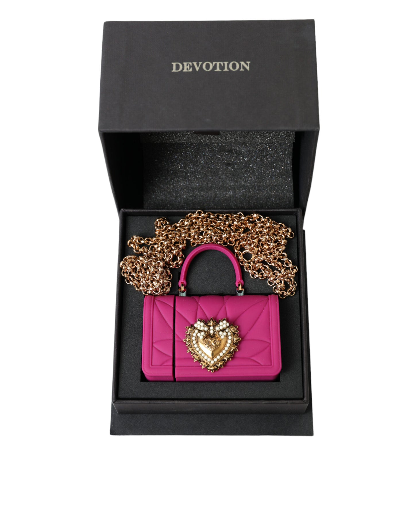 Étui pour Airpods Dolce & Gabbana en silicone rose avec chaîne dorée et sac cœur Devotion