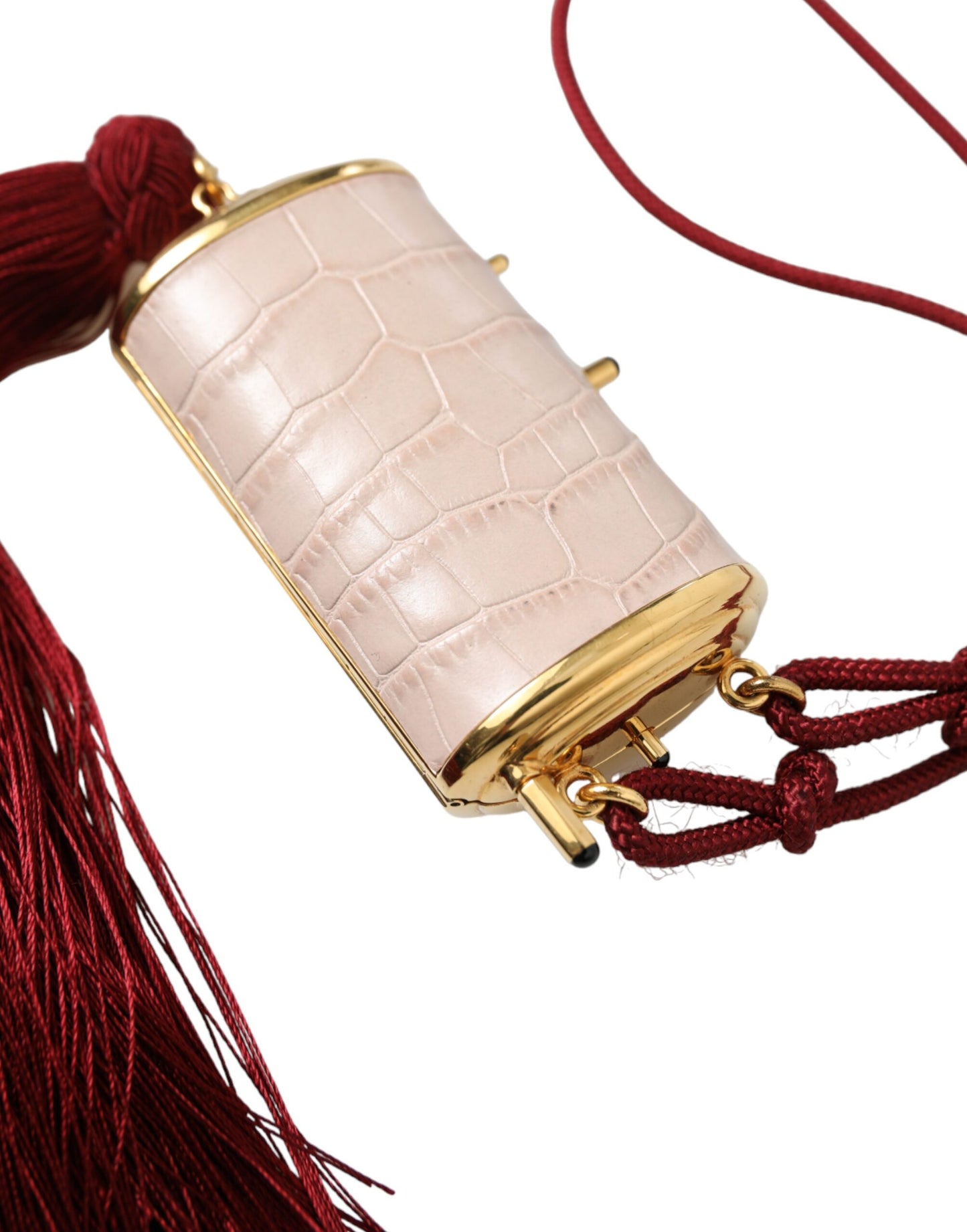 Trousse de maquillage mini miroir à pompon en cuir exotique rose Dolce & Gabbana