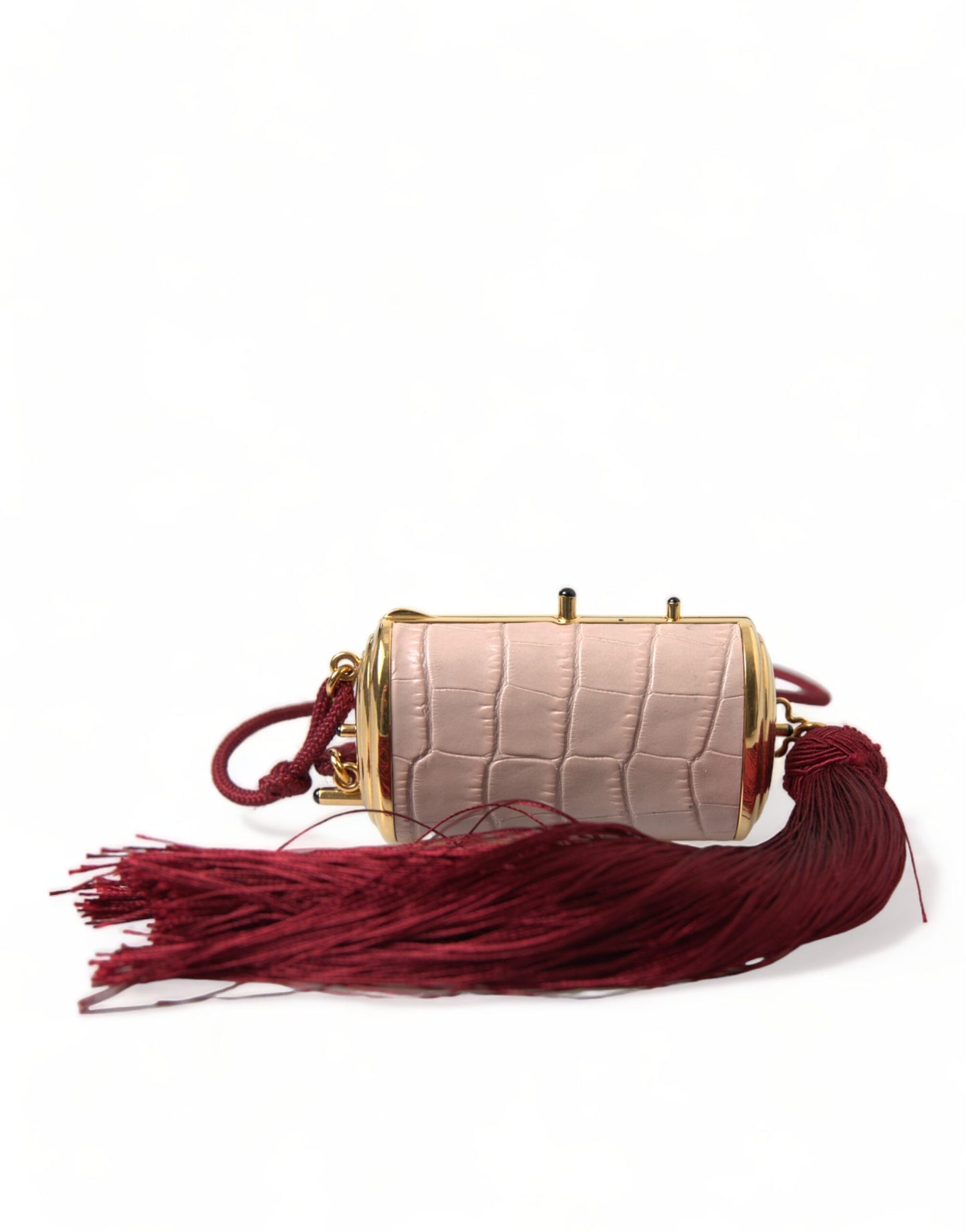 Trousse de maquillage mini miroir à pompon en cuir exotique rose Dolce & Gabbana