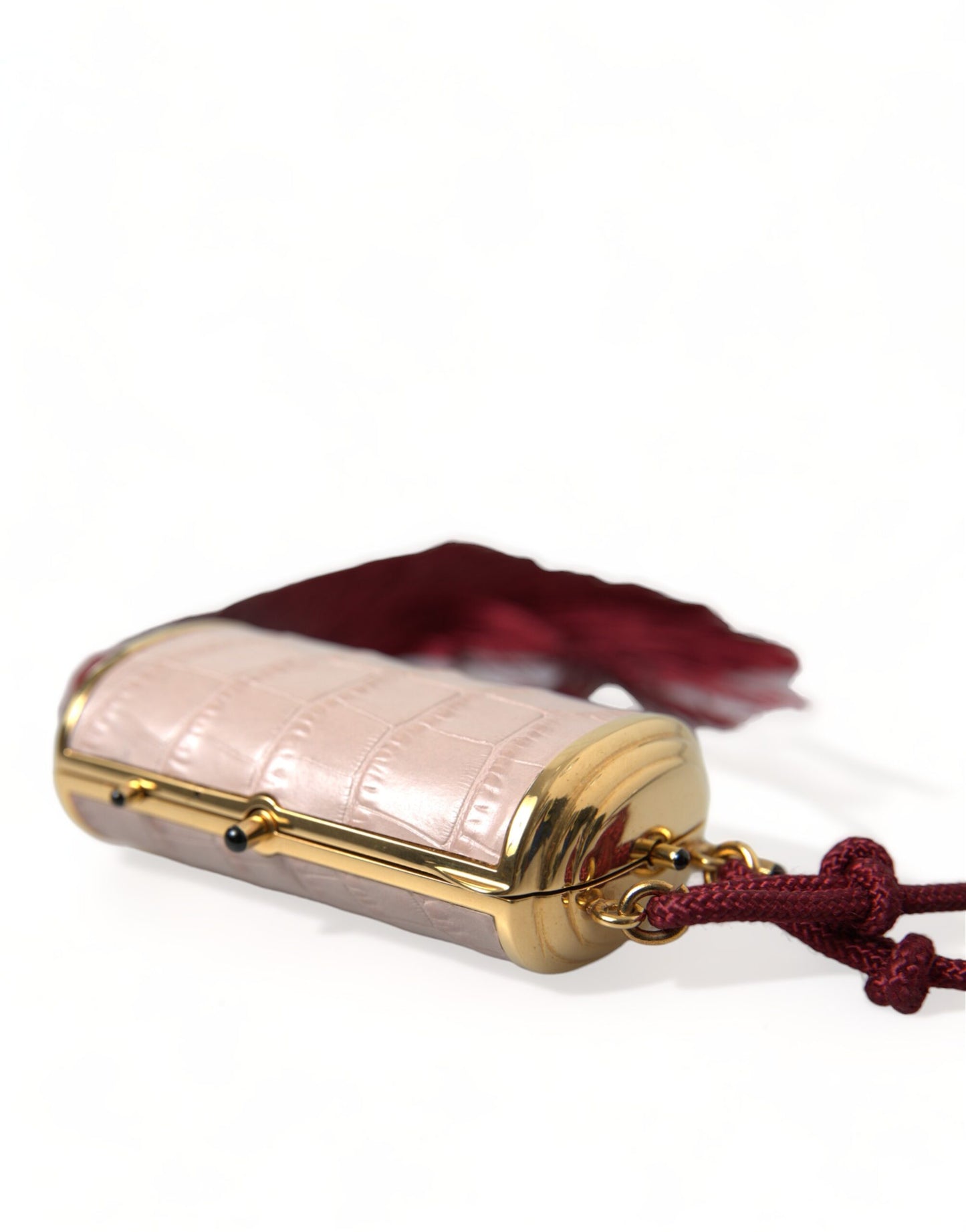 Trousse de maquillage mini miroir à pompon en cuir exotique rose Dolce & Gabbana