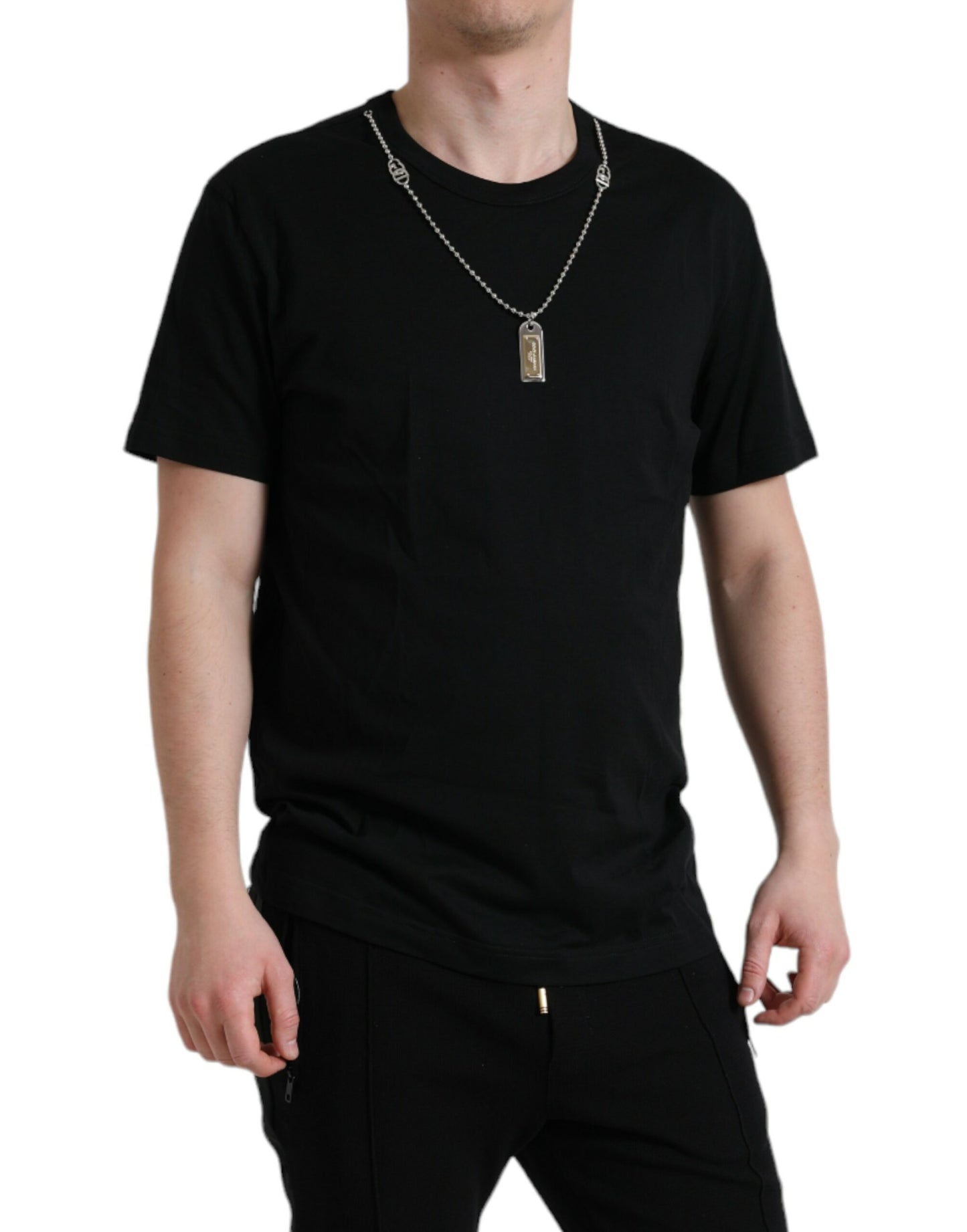 T-shirt col rond en coton noir avec plaque d'identité Dolce & Gabbana