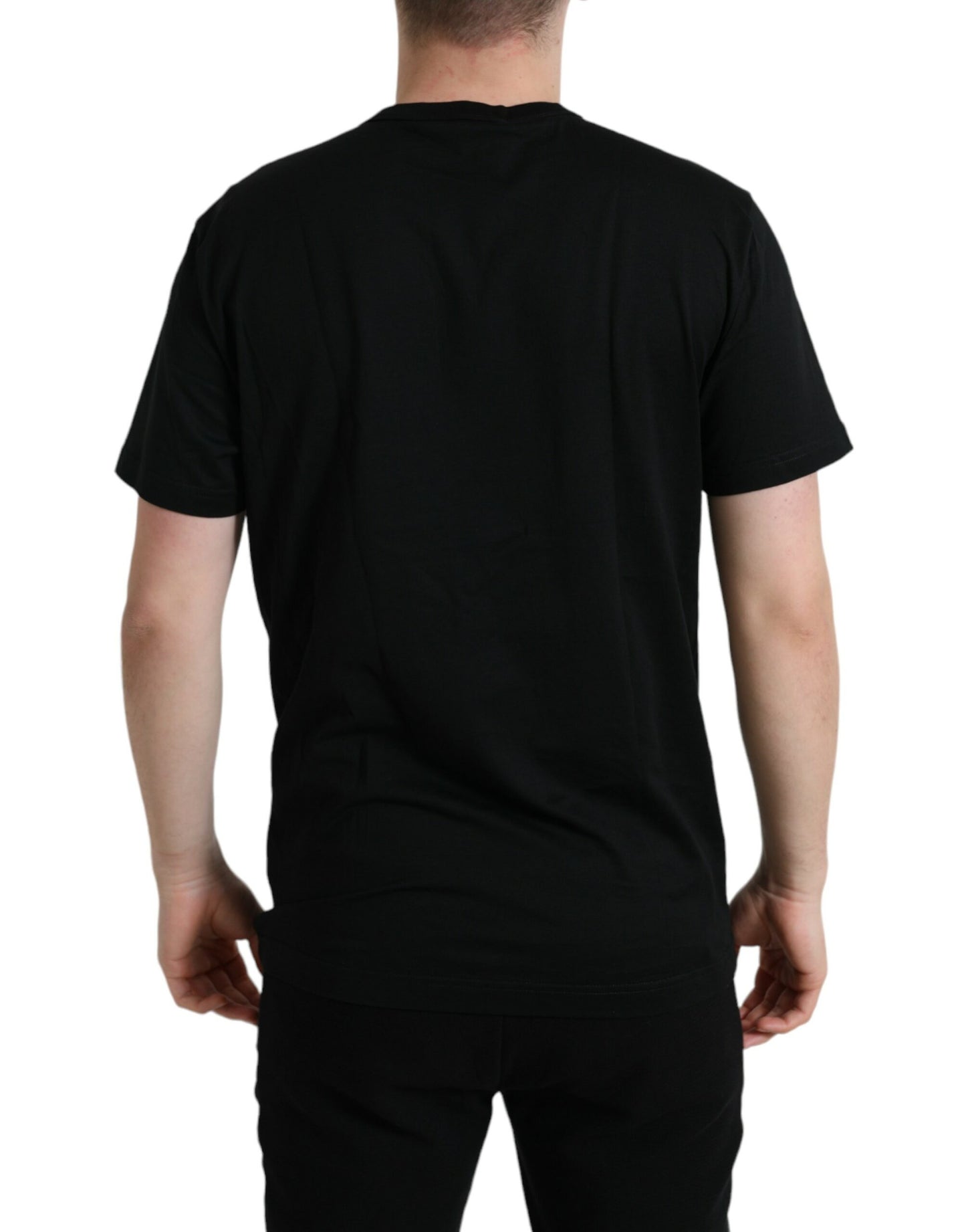 T-shirt col rond en coton noir avec plaque d'identité Dolce & Gabbana