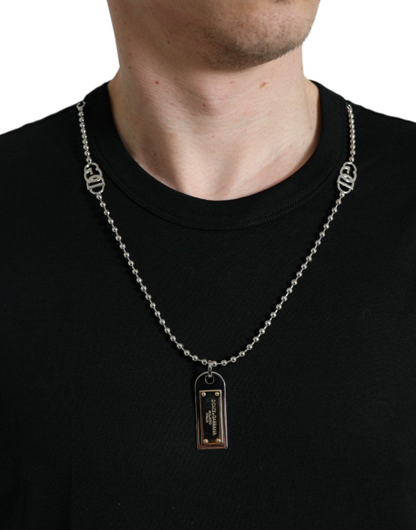 T-shirt col rond en coton noir avec plaque d'identité Dolce & Gabbana