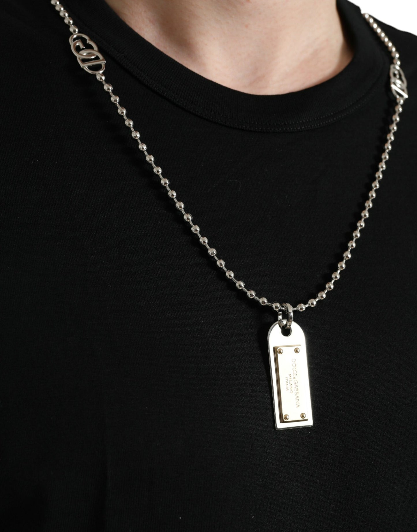 T-shirt col rond en coton noir avec plaque d'identité Dolce & Gabbana
