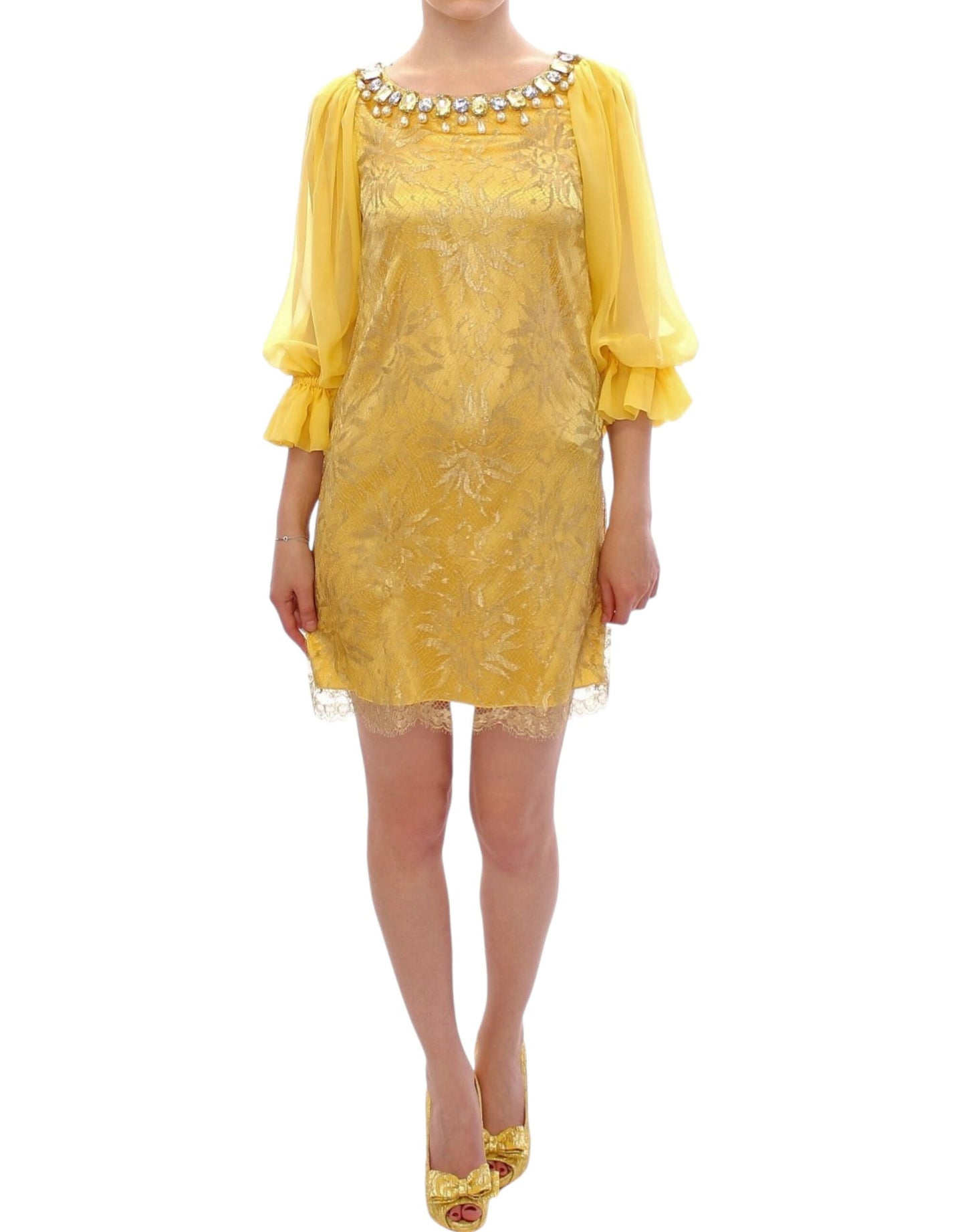 Mini-robe en dentelle jaune et cristaux Dolce & Gabbana