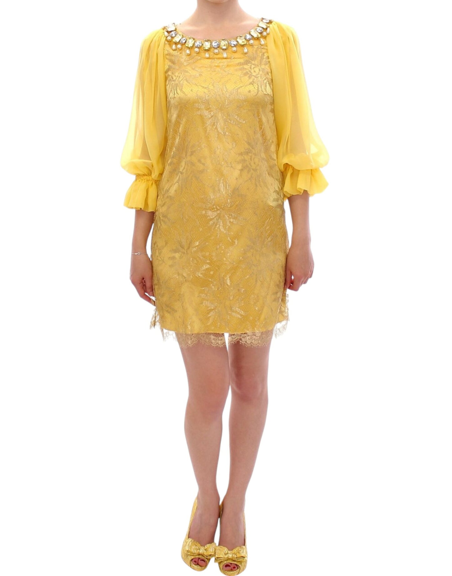 Mini-robe en dentelle jaune et cristaux Dolce & Gabbana