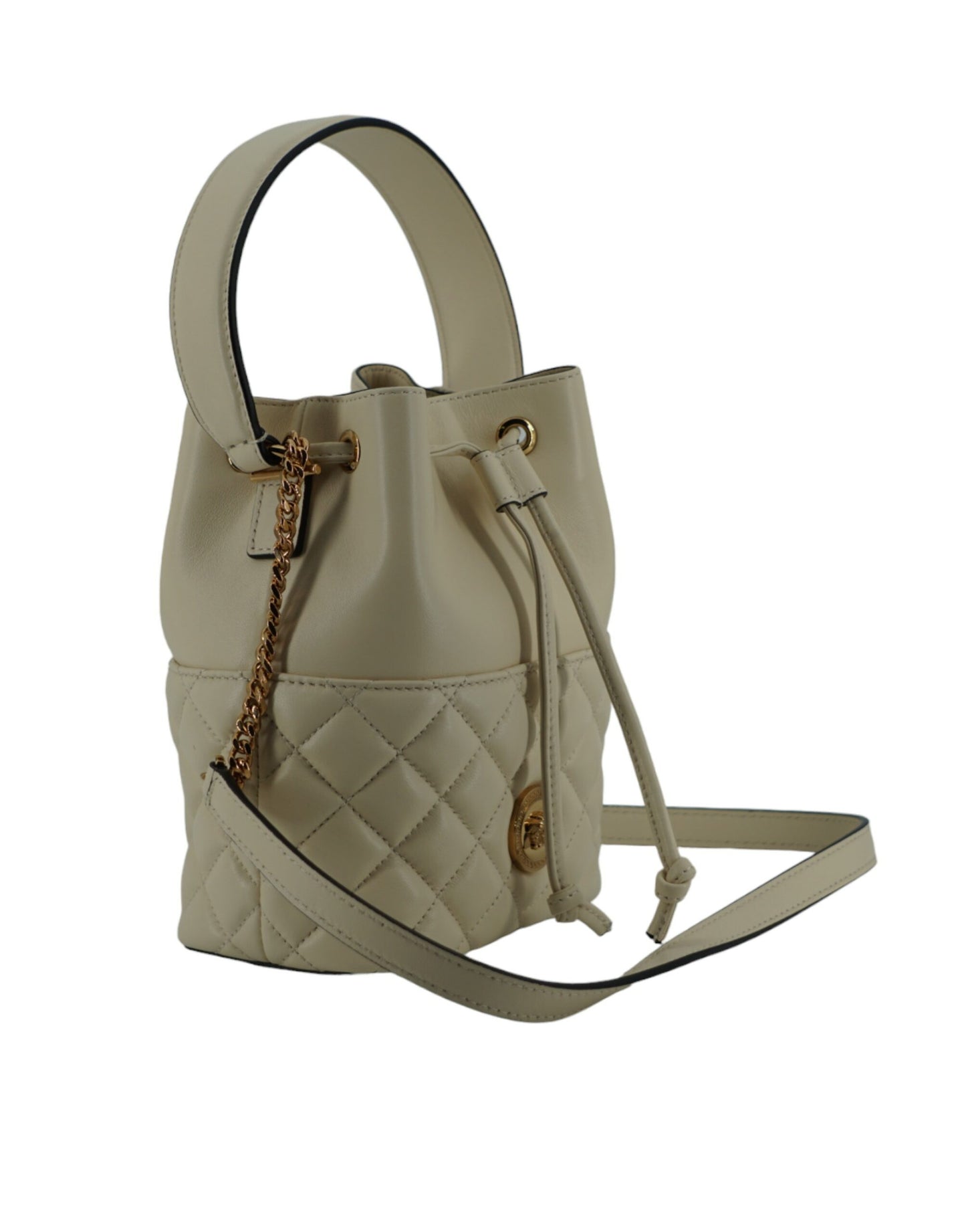 Versace Élégant Petit Sac Seau en Cuir Blanc à Bandoulière