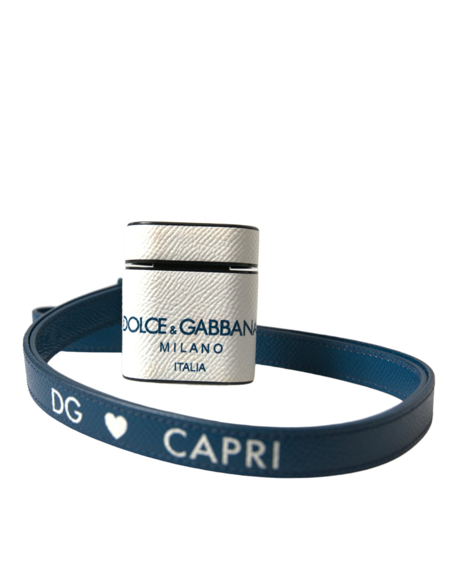 Étui pour Airpods Dolce & Gabbana en cuir de veau blanc et bleu avec logo imprimé