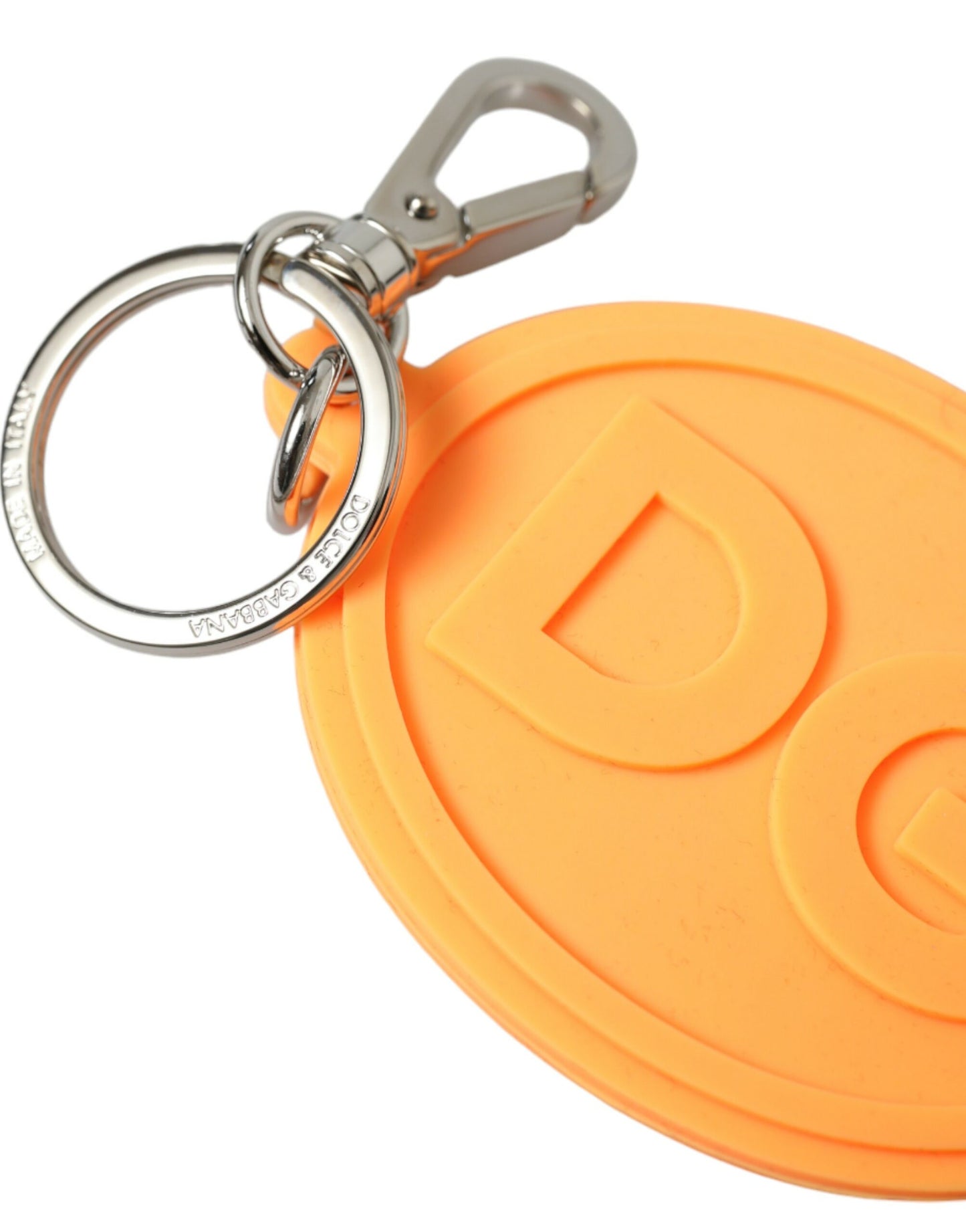 Porte-clés Dolce & Gabbana en métal argenté avec logo DG en caoutchouc orange