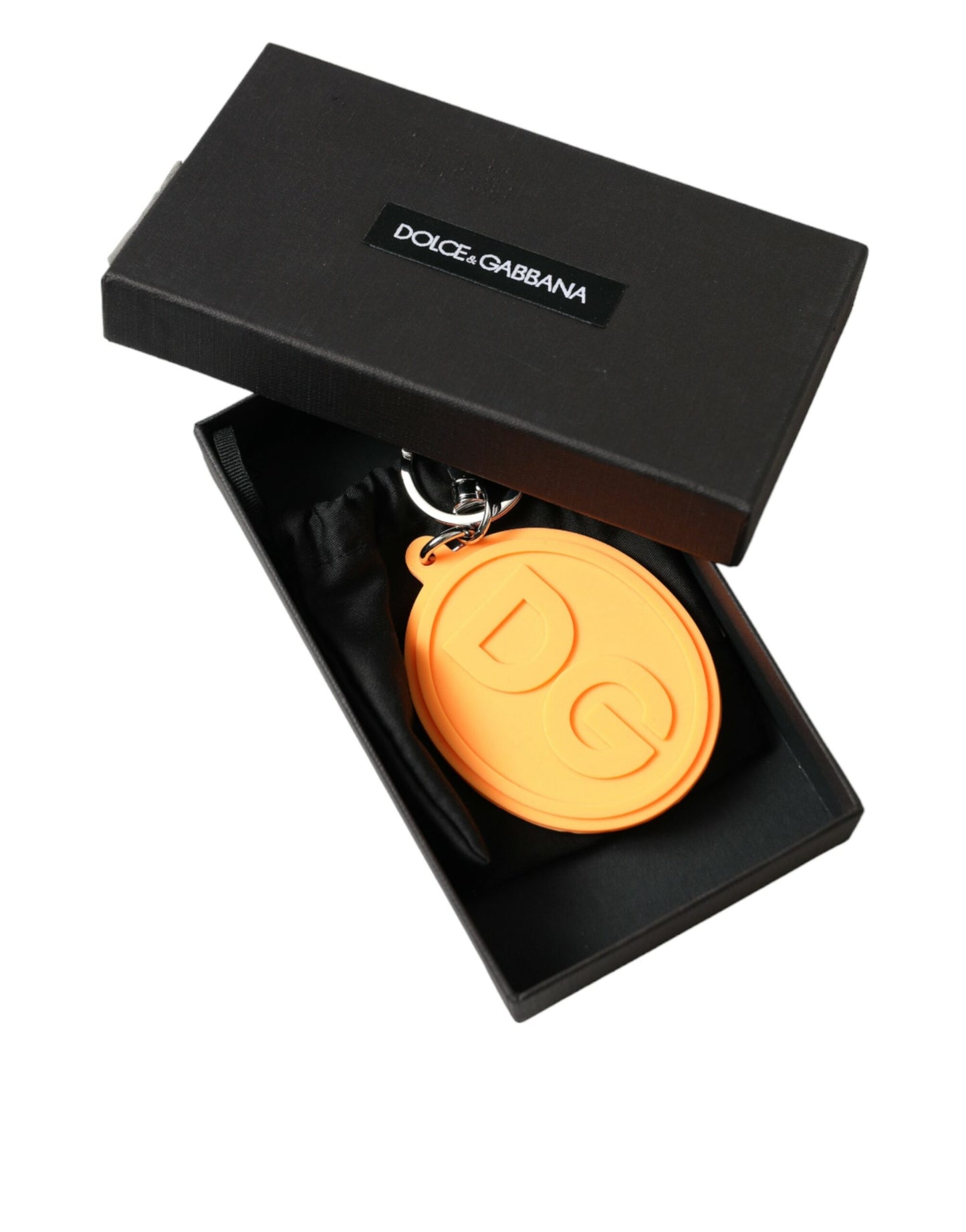 Porte-clés Dolce & Gabbana en métal argenté avec logo DG en caoutchouc orange