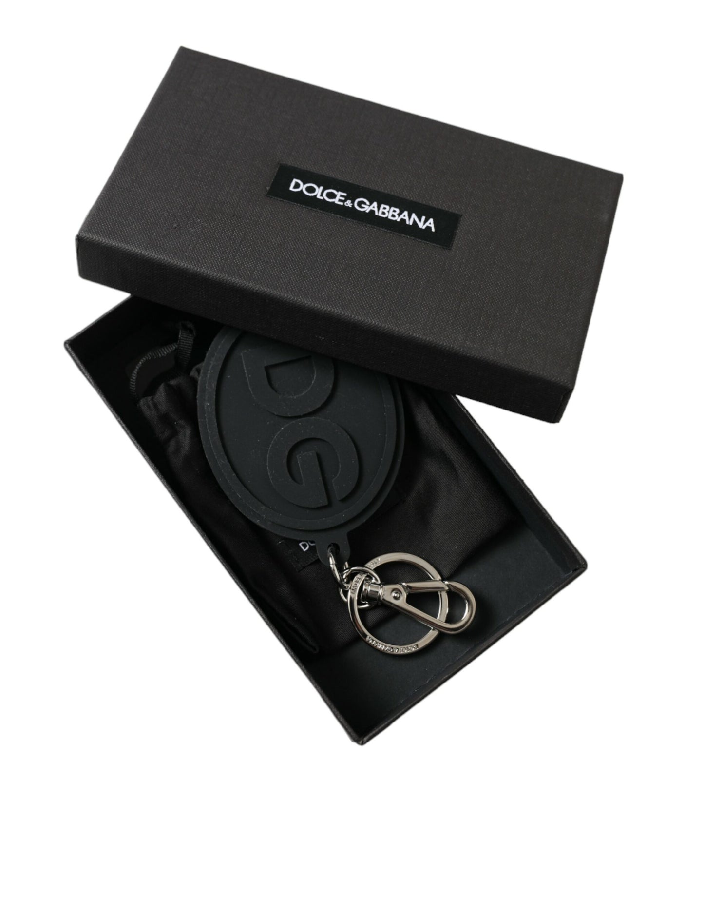 Porte-clés Dolce & Gabbana en caoutchouc noir avec logo DG en laiton argenté