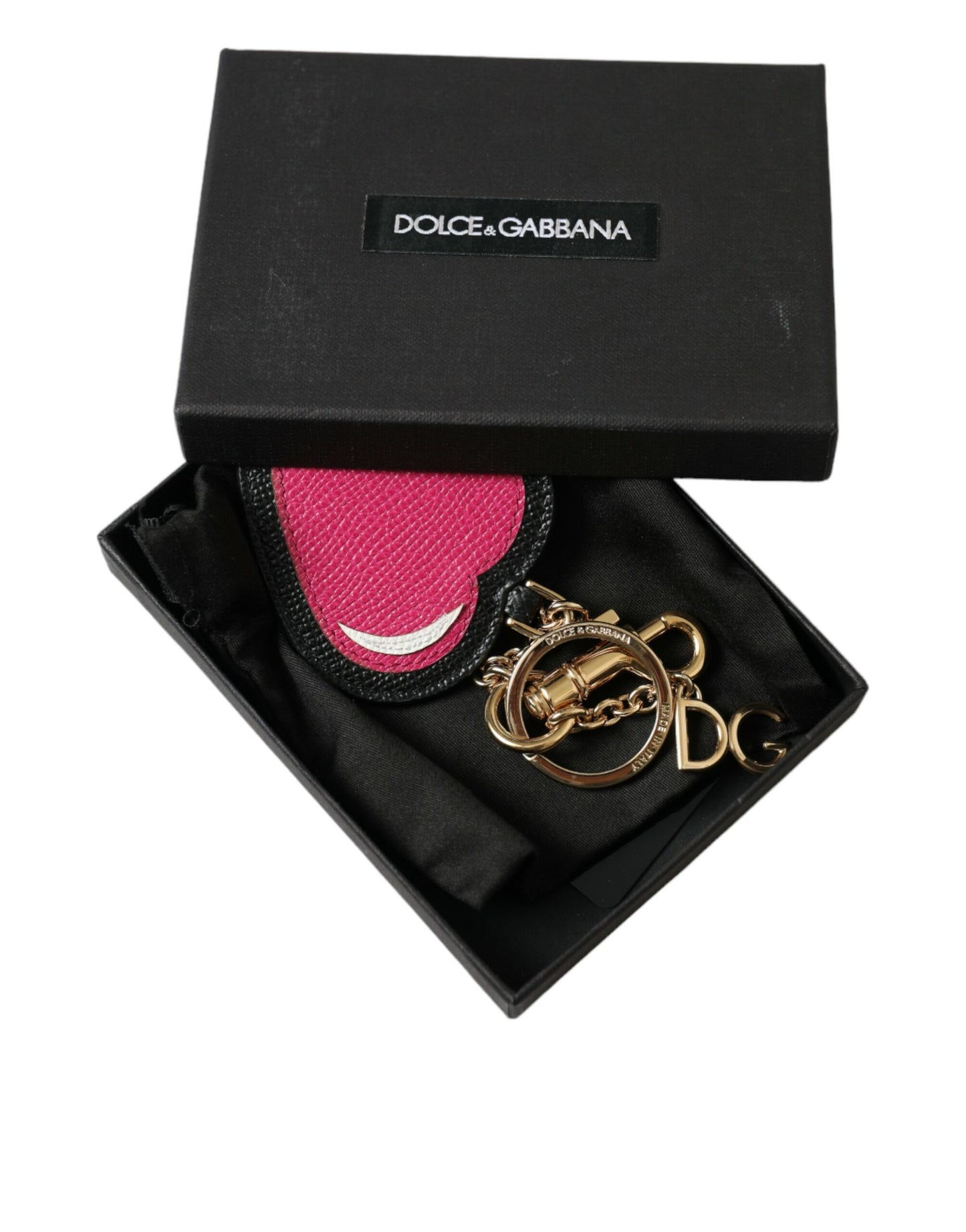 Porte-clés Dolce & Gabbana en cuir rose et noir avec cœur et laiton doré