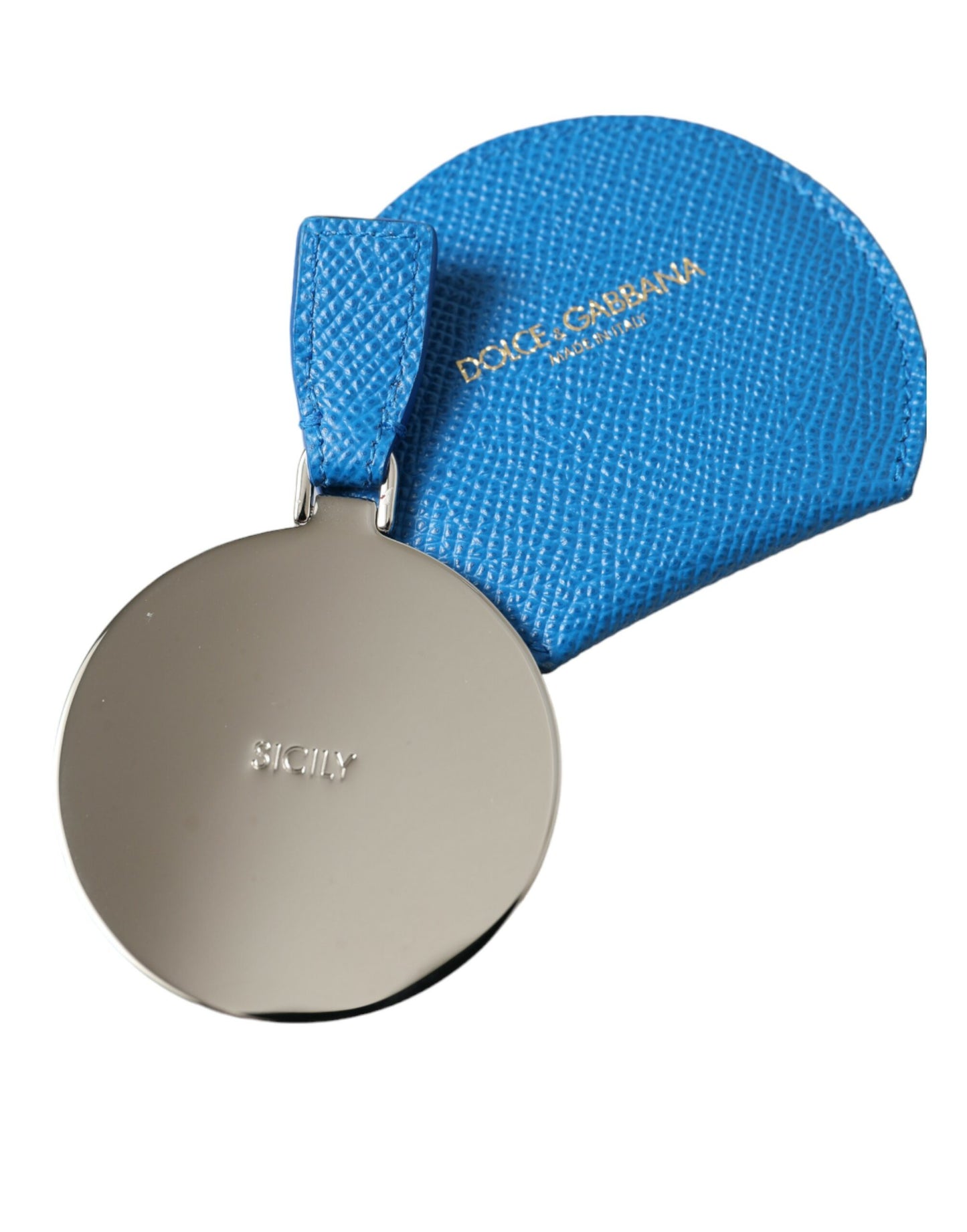 Porte-miroir à main rond en cuir de veau bleu Dolce & Gabbana avec logo