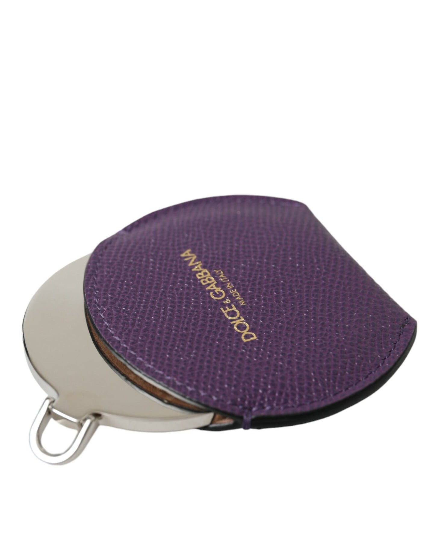 Porte-miroir à main rond en cuir de veau violet Dolce & Gabbana avec logo