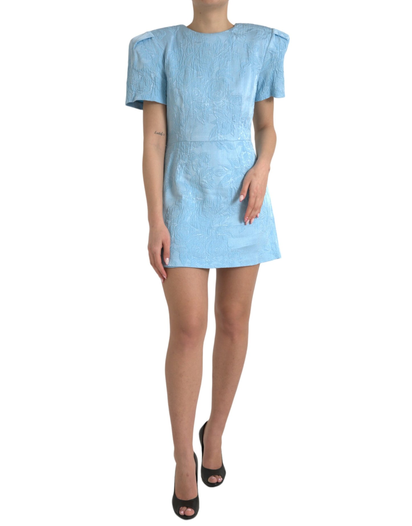 Mini-robe à manches bouffantes en jacquard floral bleu clair Dolce & Gabbana