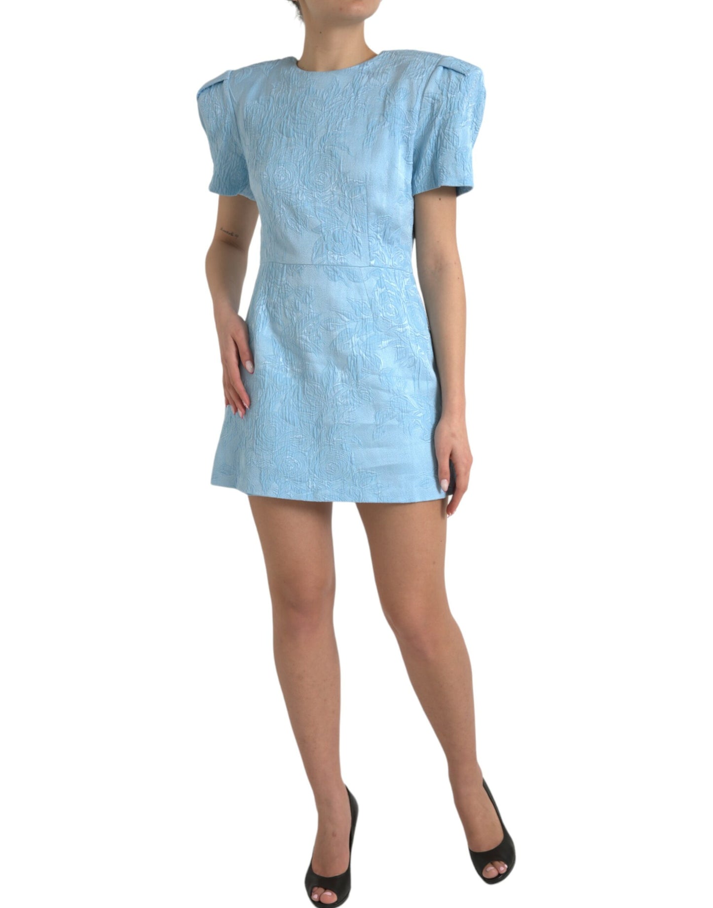 Mini-robe à manches bouffantes en jacquard floral bleu clair Dolce & Gabbana