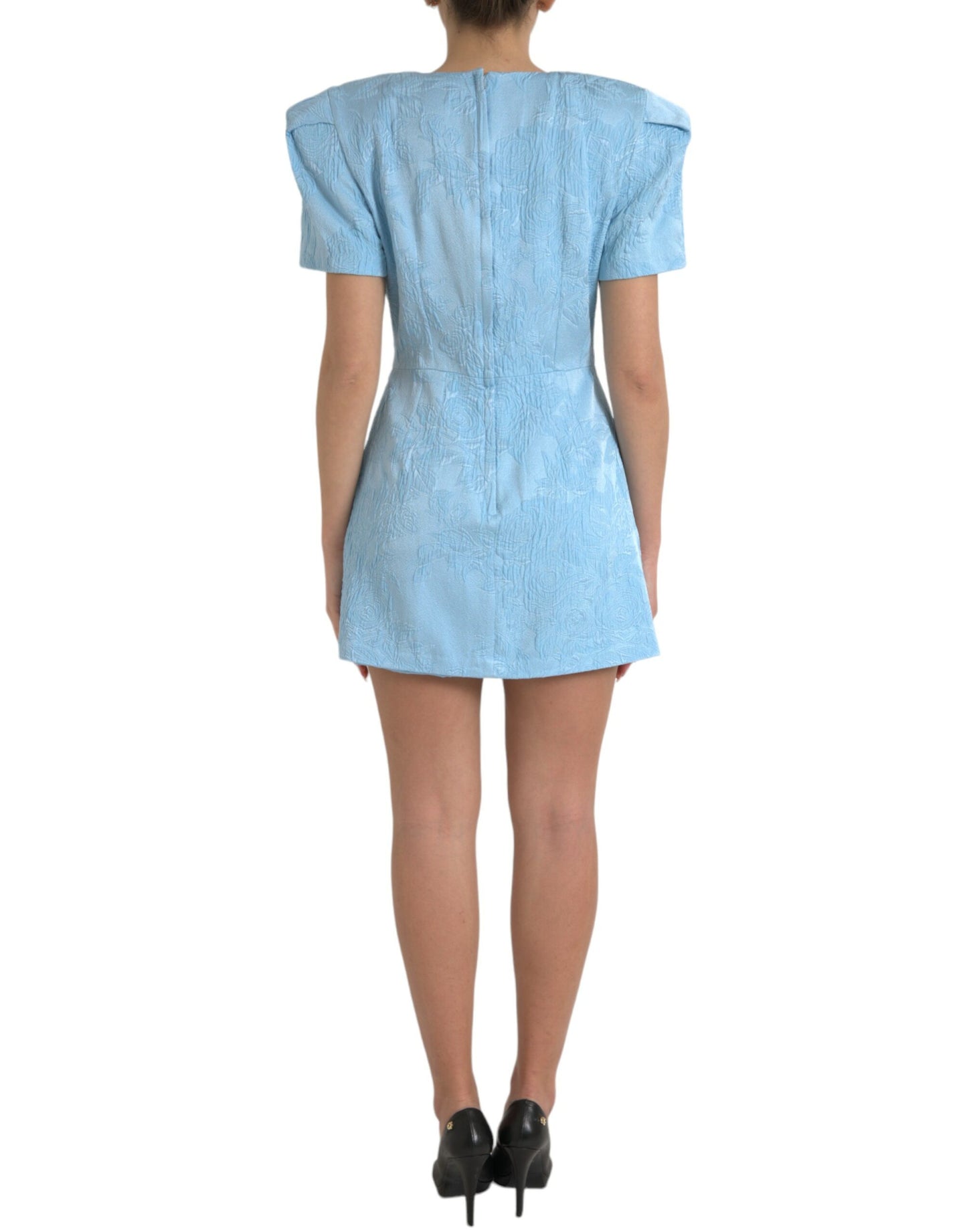 Mini-robe à manches bouffantes en jacquard floral bleu clair Dolce & Gabbana