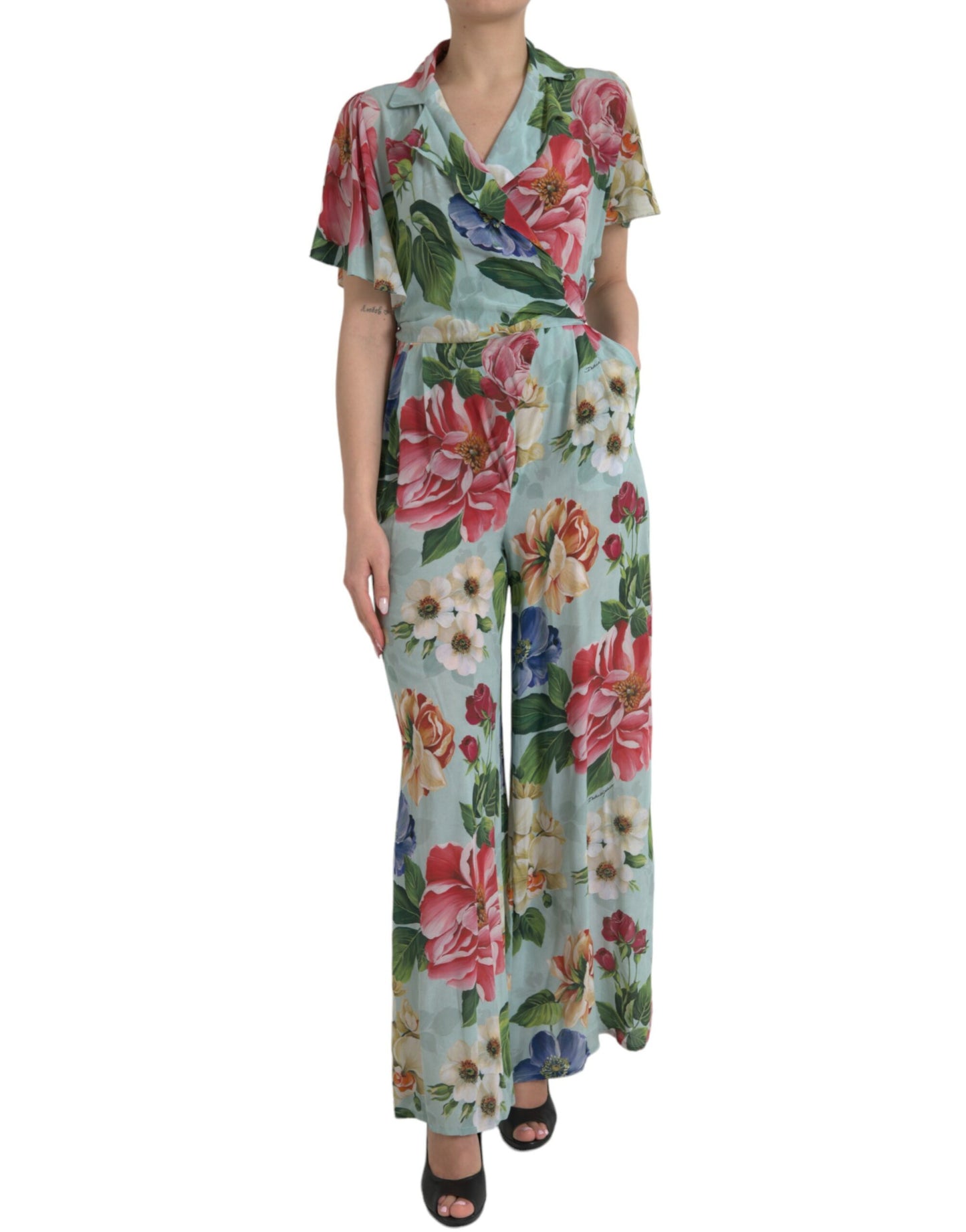 Robe-combinaison portefeuille à jambe large et motif floral bleu Dolce & Gabbana