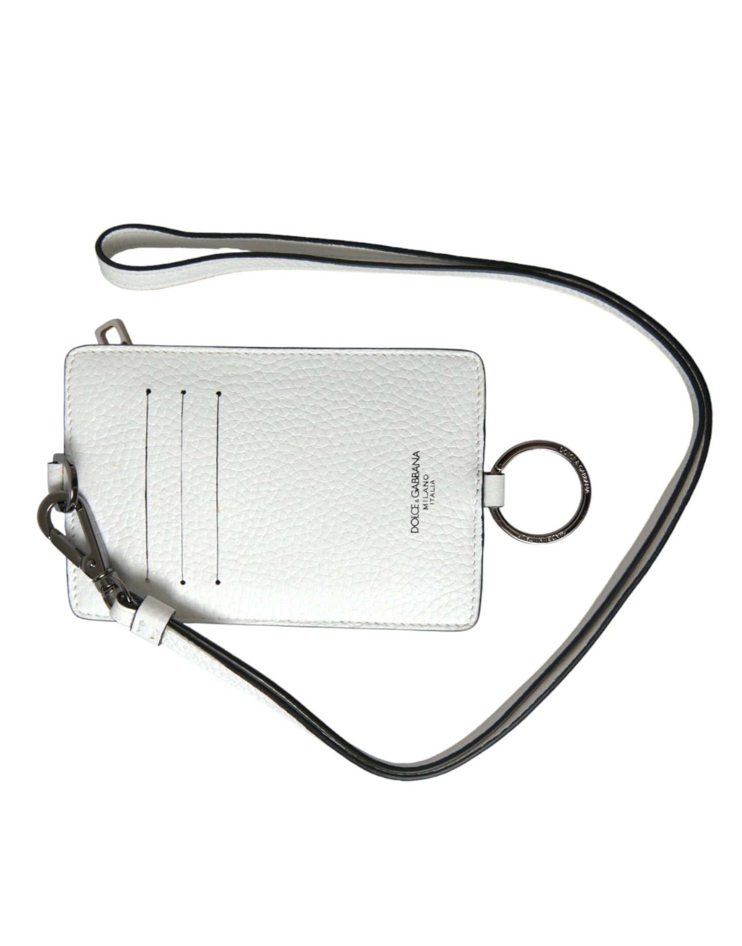 Portefeuille porte-cartes Dolce & Gabbana en cuir de veau blanc avec cordon et logo