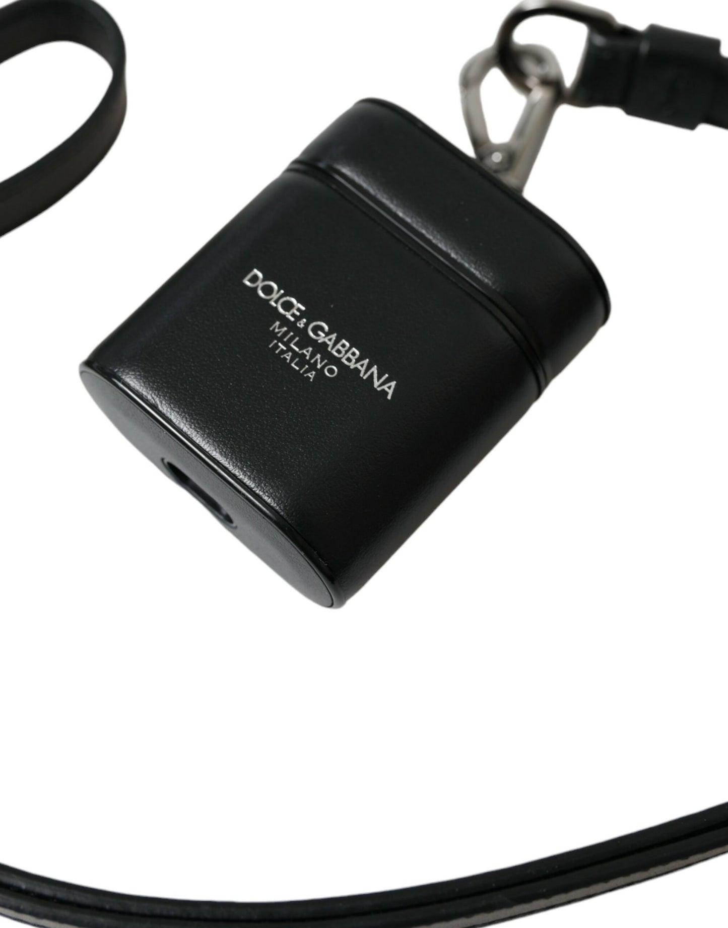 Étui pour Airpods Dolce & Gabbana avec bracelet en cuir noir et logo en métal argenté imprimé