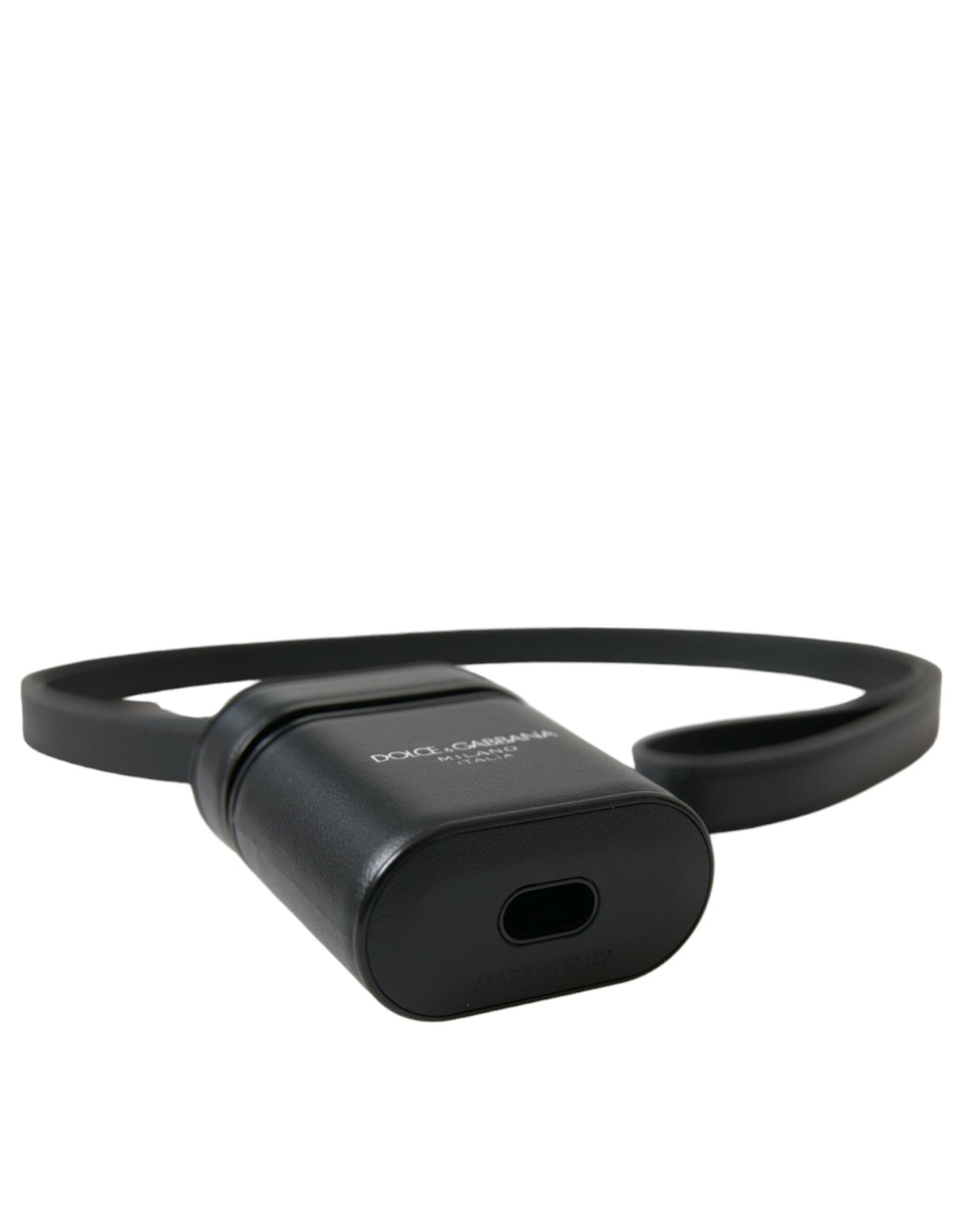 Étui pour Airpods Dolce & Gabbana avec bracelet en cuir noir et logo en métal argenté imprimé