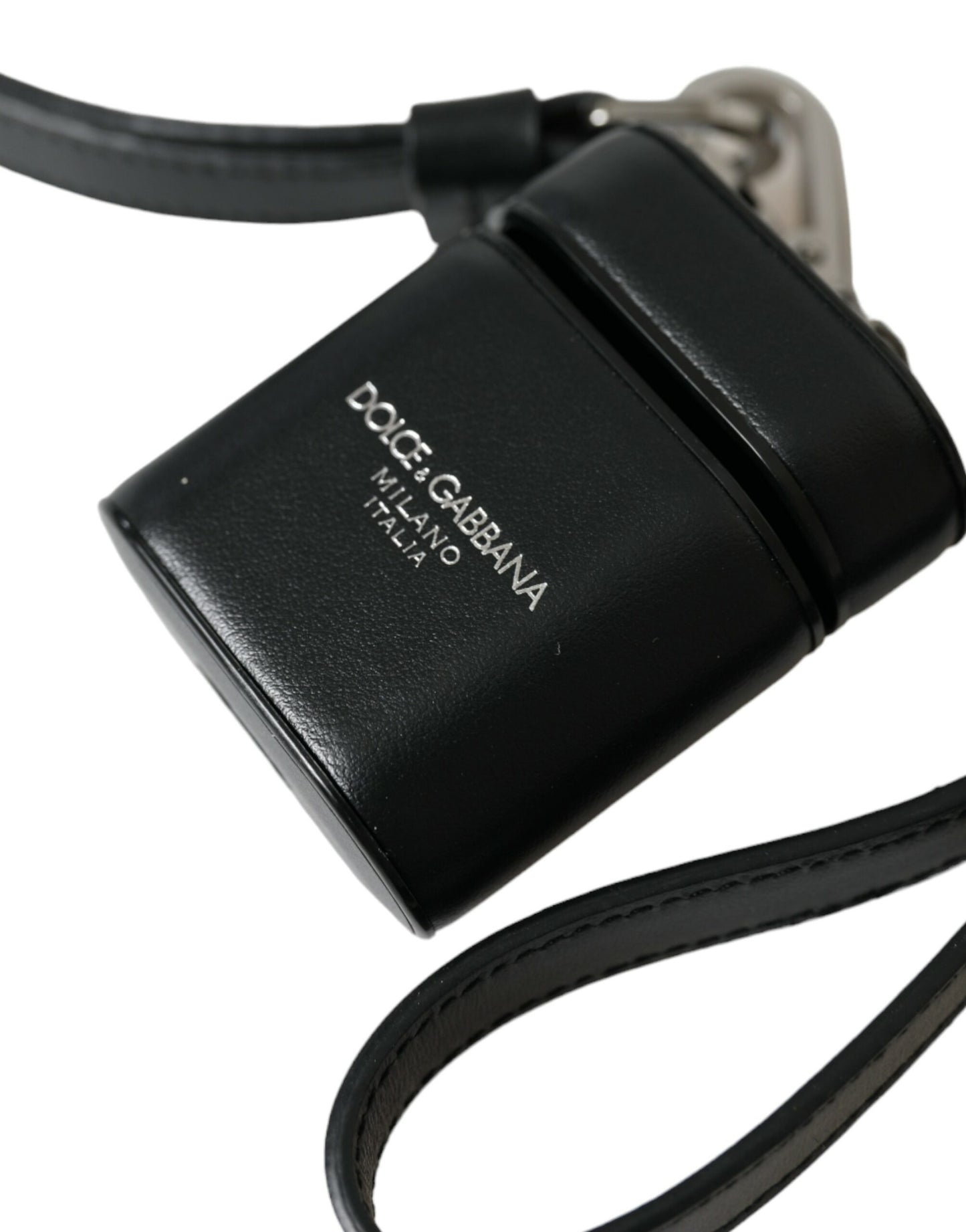Étui pour Airpods Dolce & Gabbana avec bracelet en cuir noir et logo en métal argenté imprimé