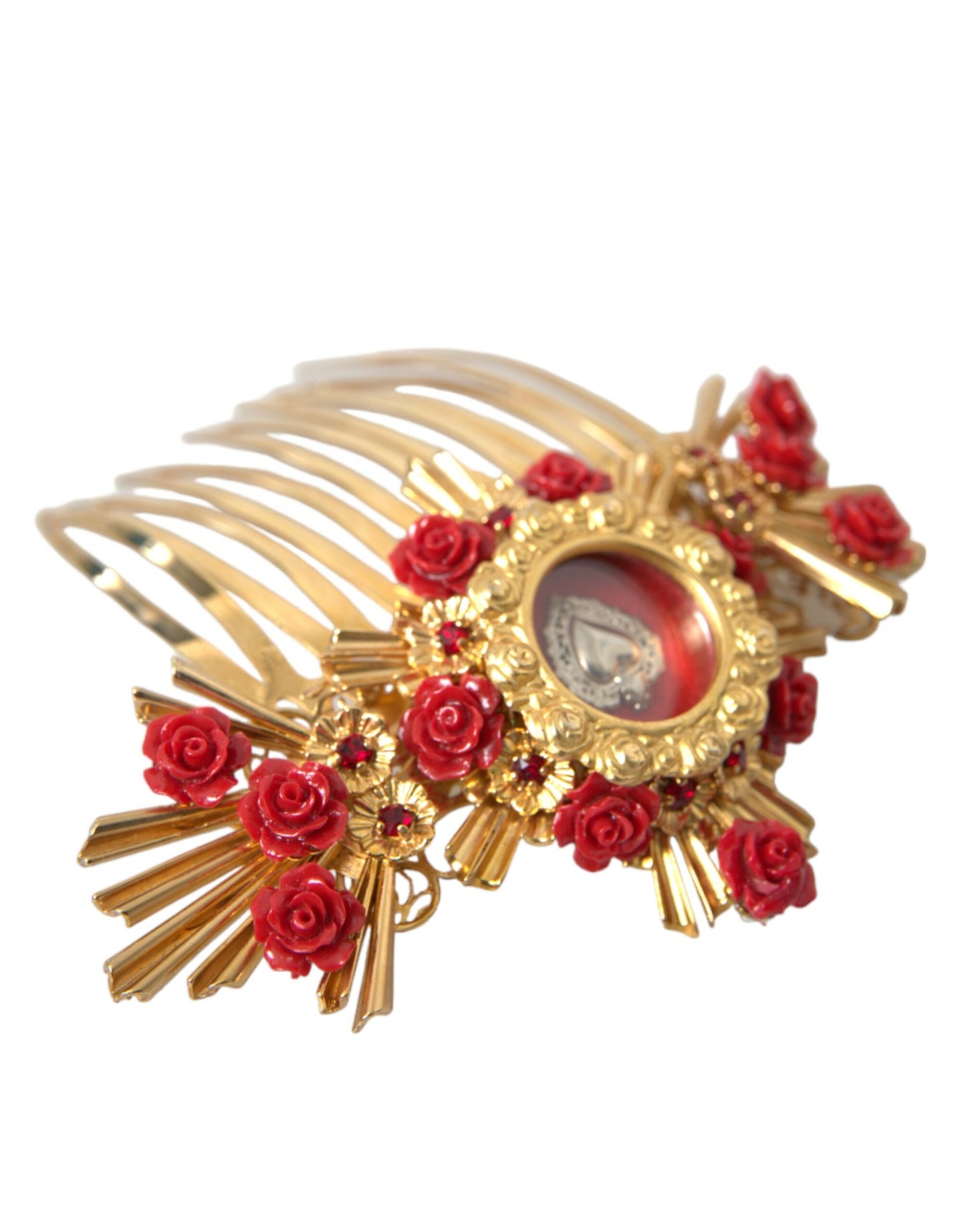 Peigne à cheveux Dolce & Gabbana en laiton doré et cristal avec motif floral en forme de cœur