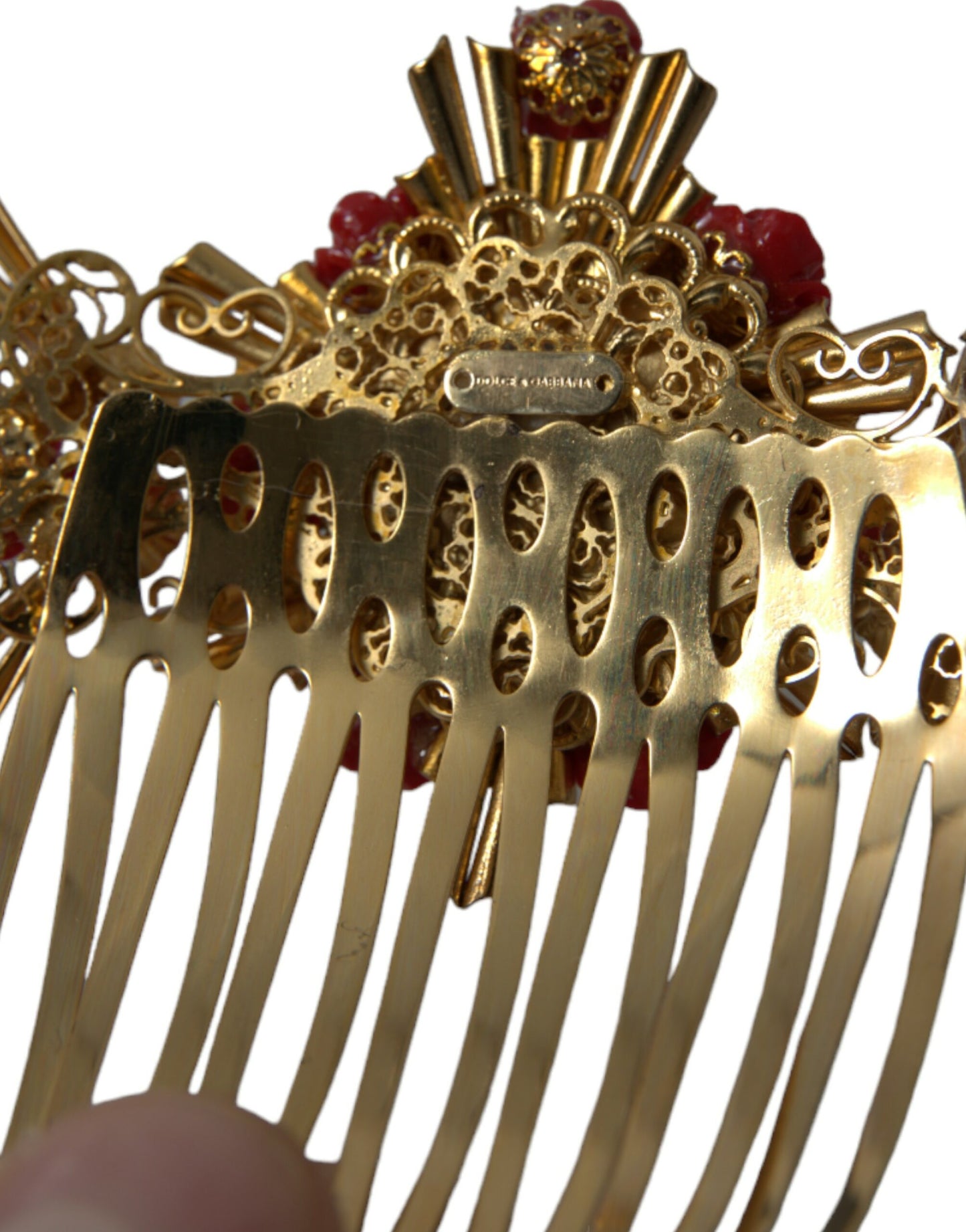 Peigne à cheveux Dolce & Gabbana en laiton doré et cristal avec motif floral en forme de cœur
