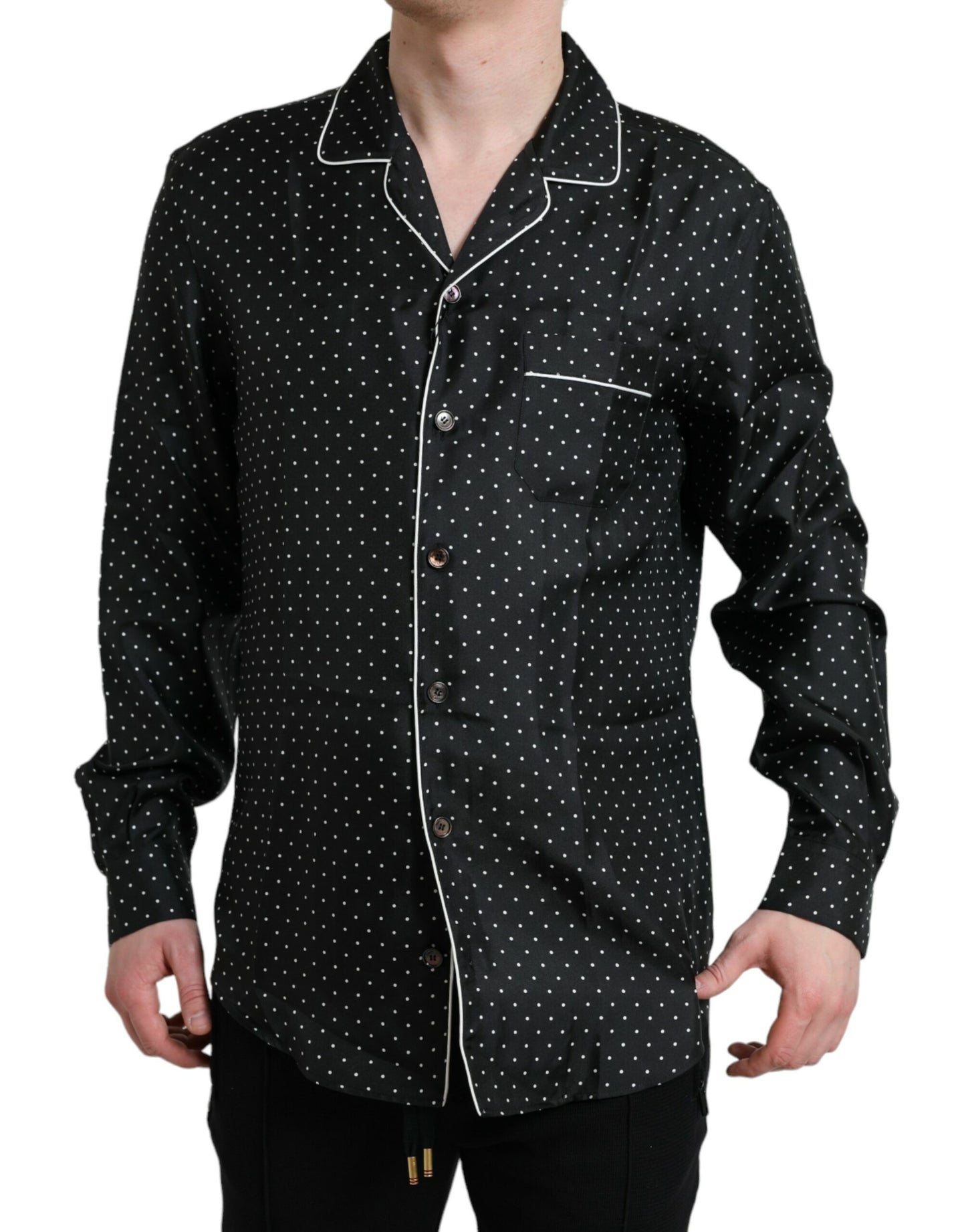 Chemise à manches longues en soie noire à pois Dolce & Gabbana
