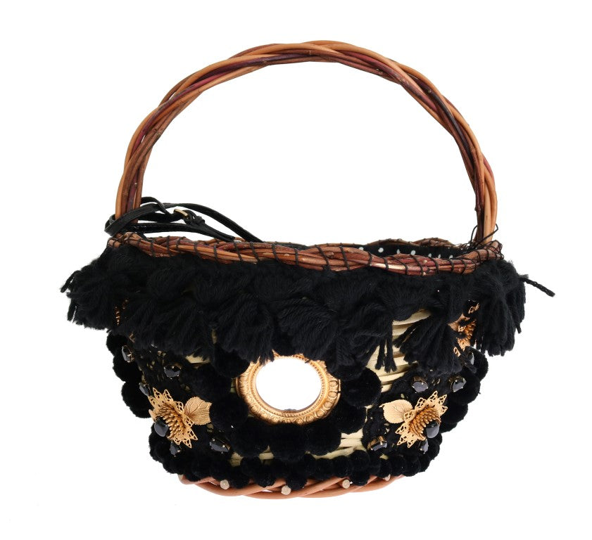Sac AGNESE en paille beige et peau de serpent avec pompons et cristaux Dolce & Gabbana
