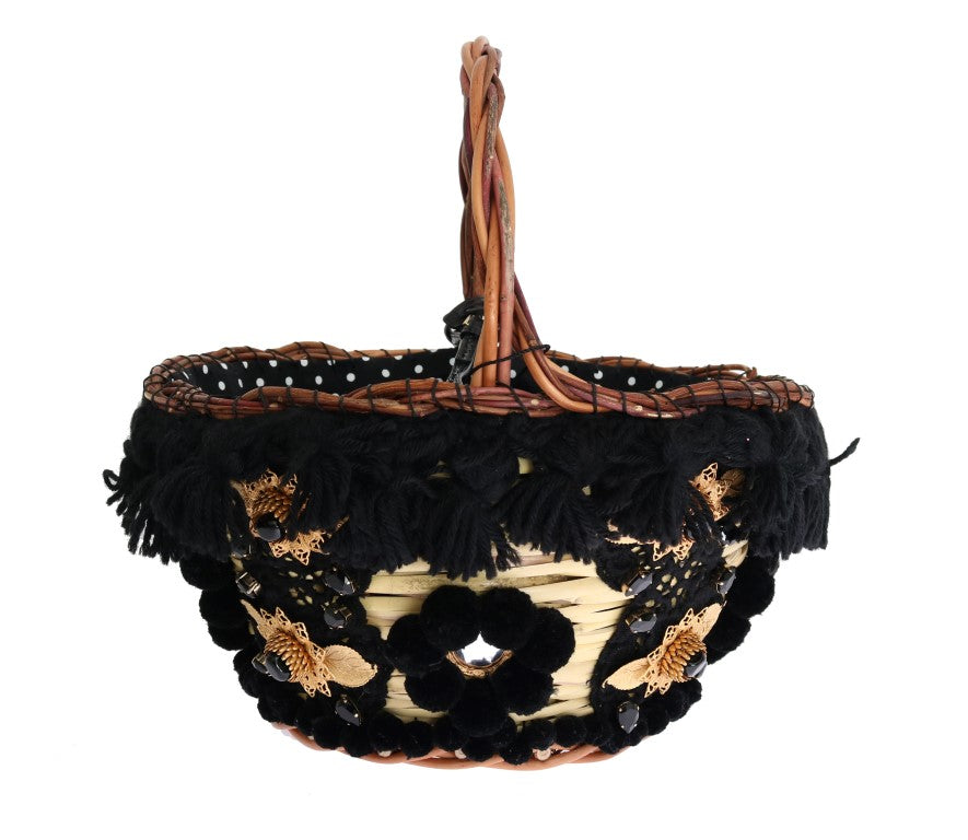 Sac AGNESE en paille beige et peau de serpent avec pompons et cristaux Dolce & Gabbana