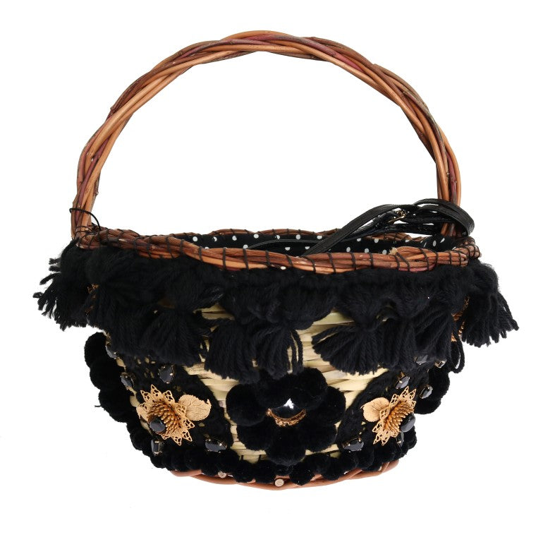 Sac AGNESE en paille beige et peau de serpent avec pompons et cristaux Dolce & Gabbana