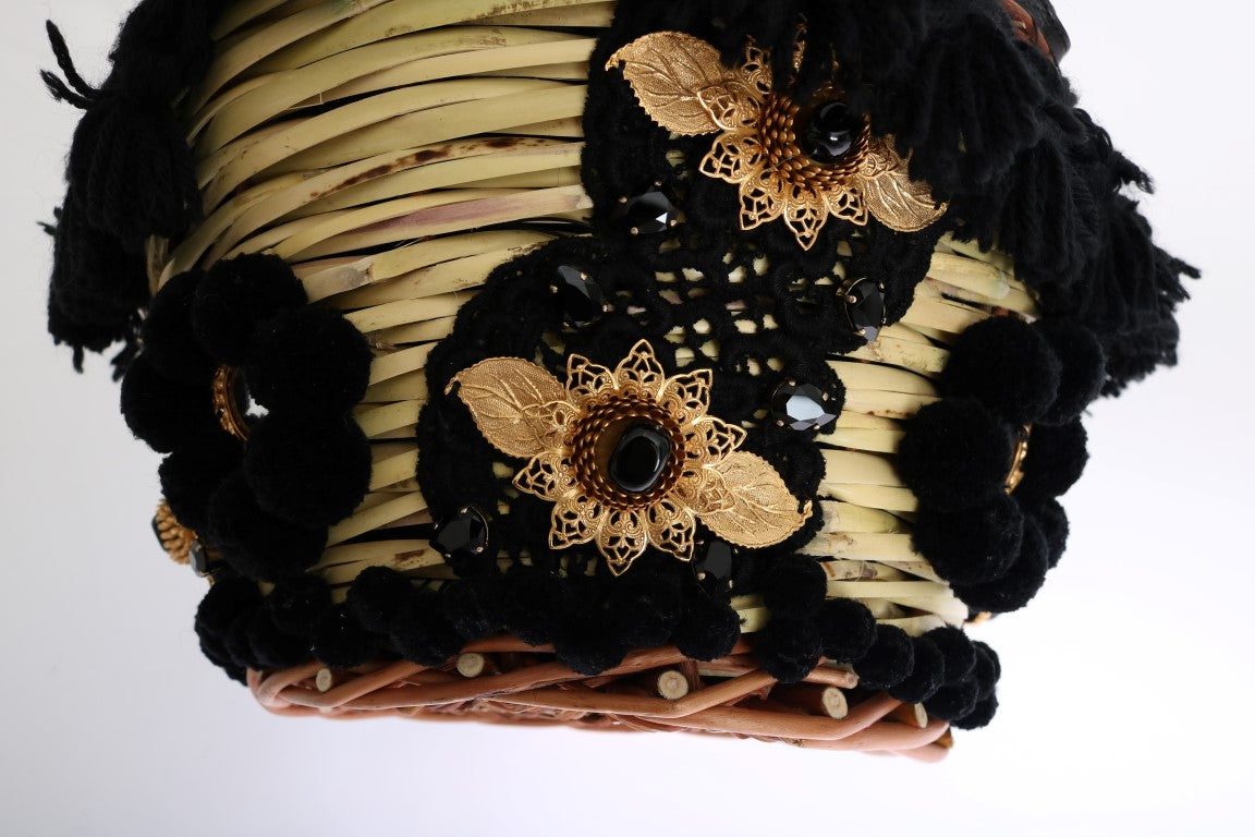 Sac AGNESE en paille beige et peau de serpent avec pompons et cristaux Dolce & Gabbana