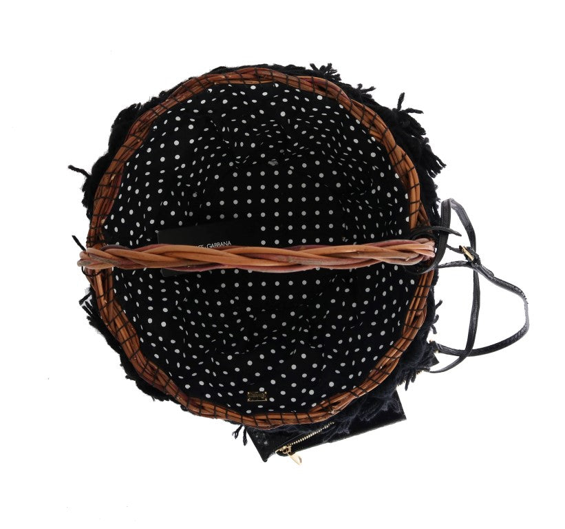 Sac AGNESE en paille beige et peau de serpent avec pompons et cristaux Dolce & Gabbana