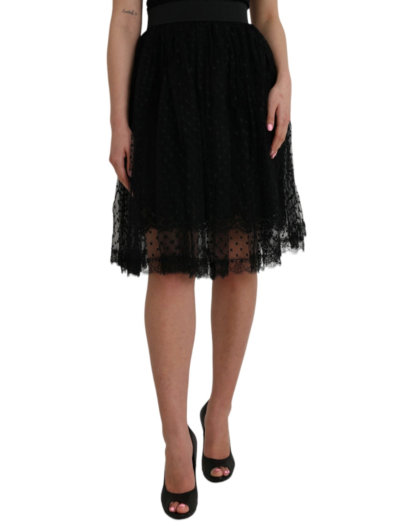 Jupe trapèze taille haute en nylon noir avec bordure en dentelle Dolce & Gabbana