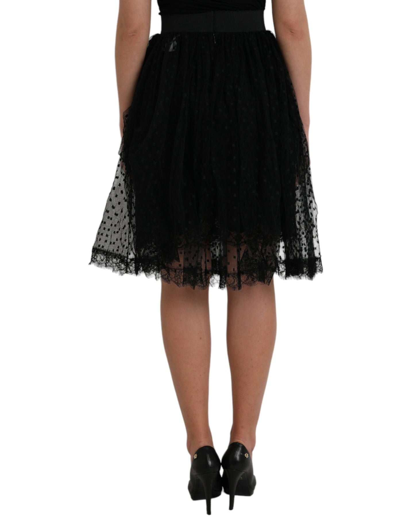 Jupe trapèze taille haute en nylon noir avec bordure en dentelle Dolce & Gabbana