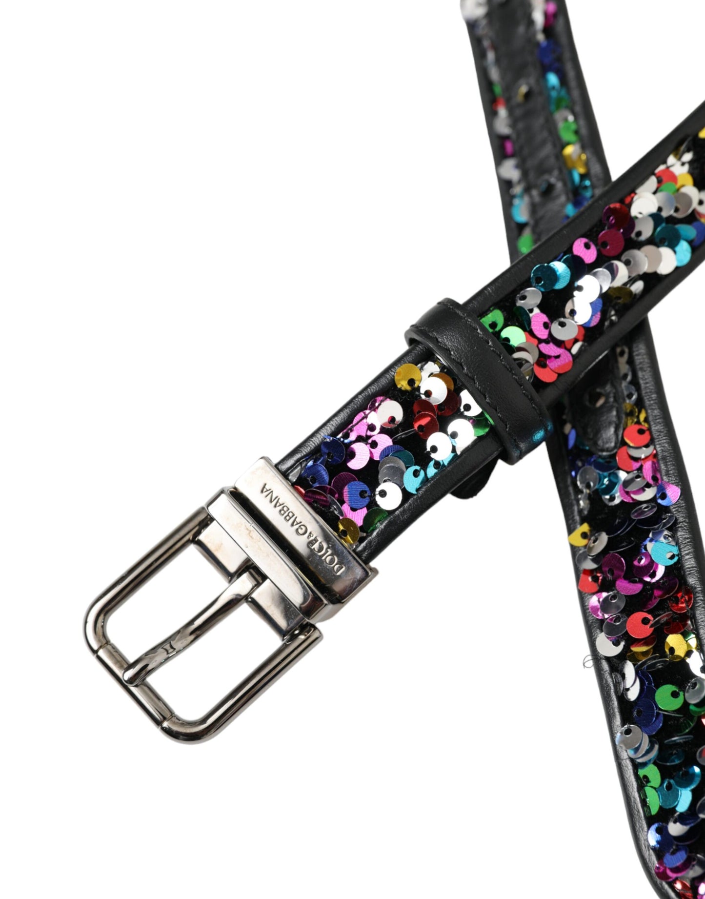 Ceinture Dolce & Gabbana noire à paillettes et boucle en métal argenté pour femme