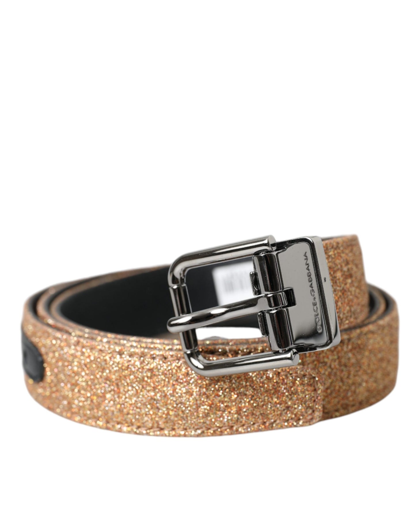 Ceinture Dolce & Gabbana en cuir pailleté doré avec boucle en métal argenté