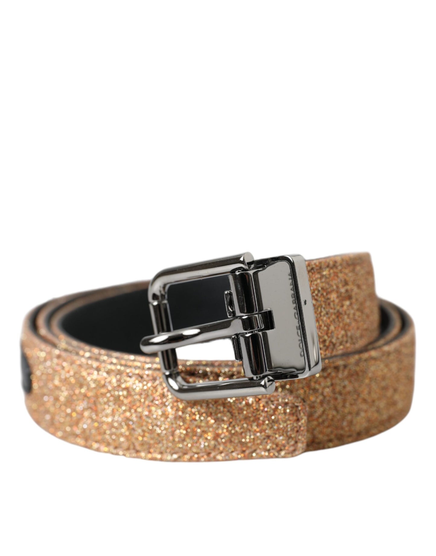 Ceinture Dolce & Gabbana en cuir pailleté doré avec boucle en métal argenté
