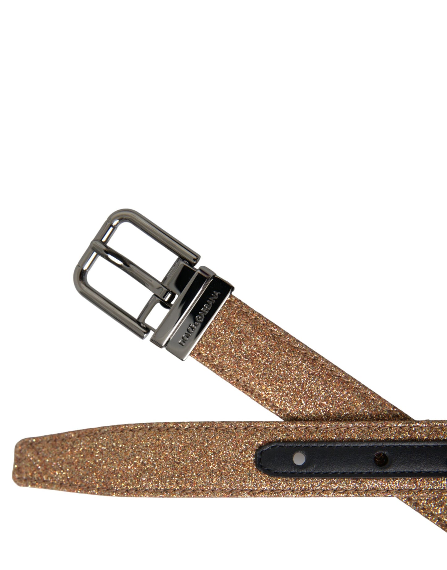 Ceinture Dolce & Gabbana en cuir pailleté doré avec boucle en métal argenté