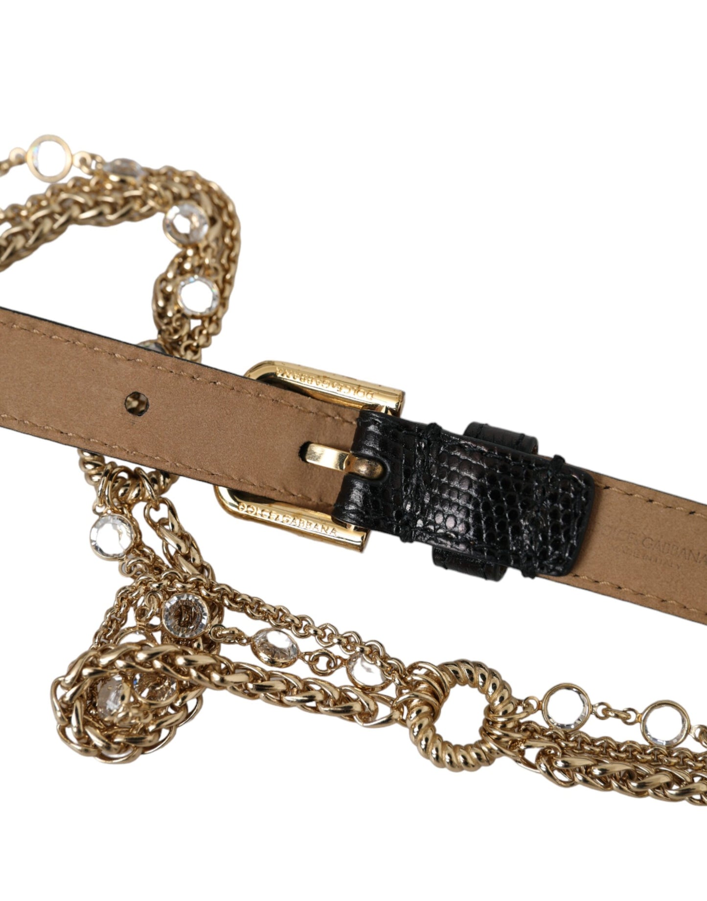 Ceinture Dolce & Gabbana en cuir noir avec chaîne dorée et cristaux pour femme
