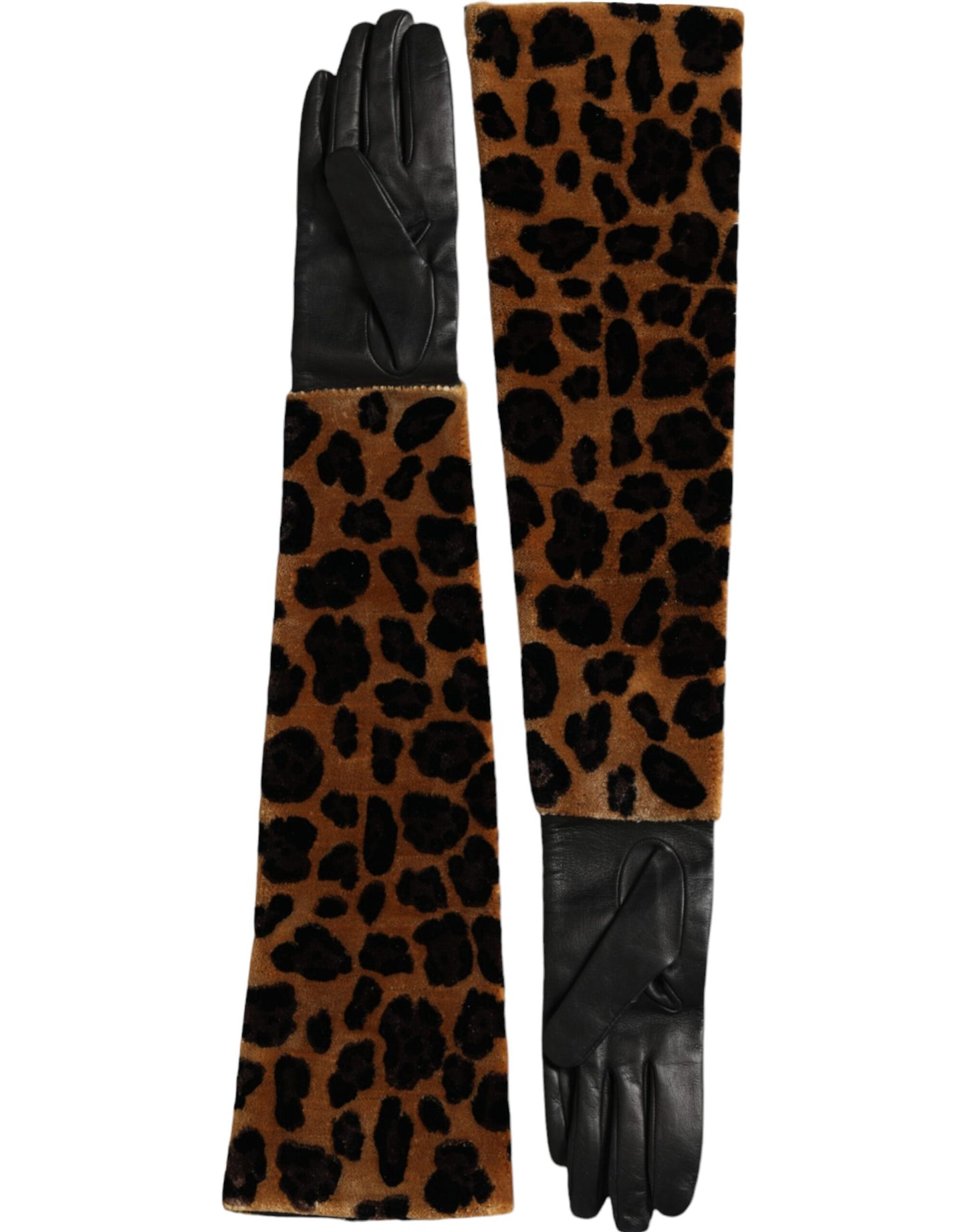 Gants Dolce & Gabbana en cuir marron et noir léopard, longueur coude